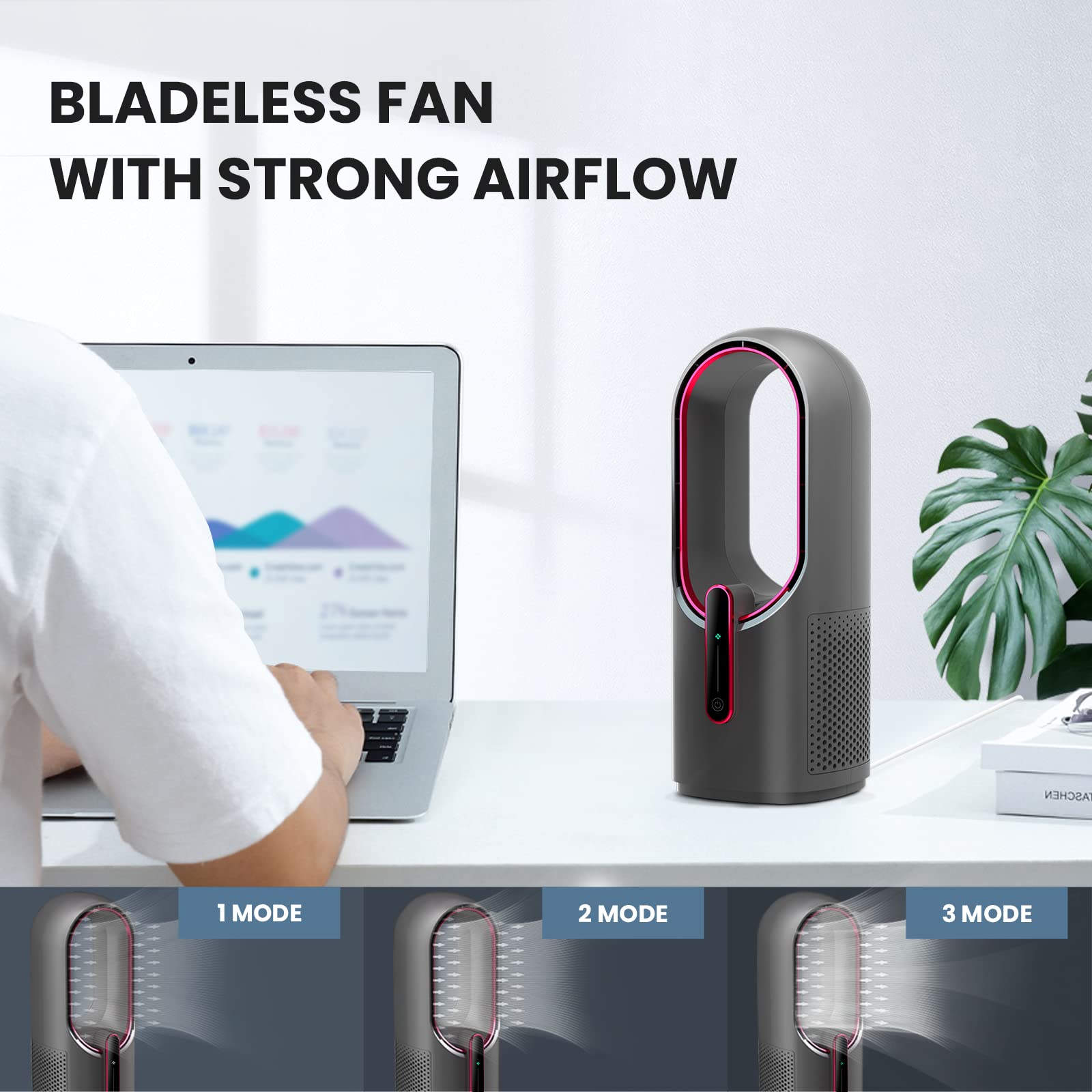 KONSIDEN Bladeless Desk Fan, 11.8 Inch, Quiet 3 Speed, Touch Control, Small, Gray/Dark Red, Easy to Clean, Ideal for Office & Home