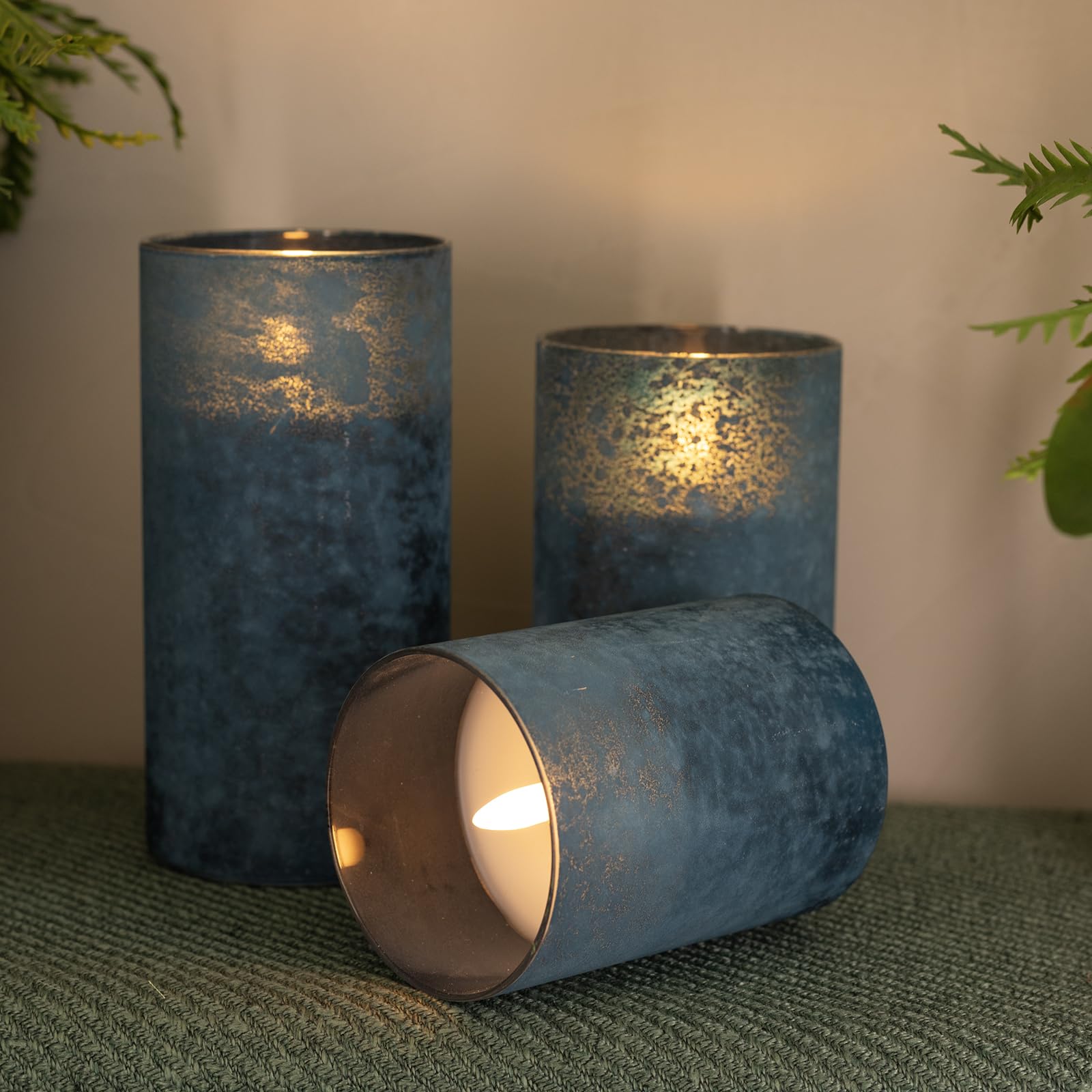 Hjandhj Blue Flickering Flameless Candles With Remote   Handmade Sandblast Glass Battery Operated Led Pillar Candles For Home/Co