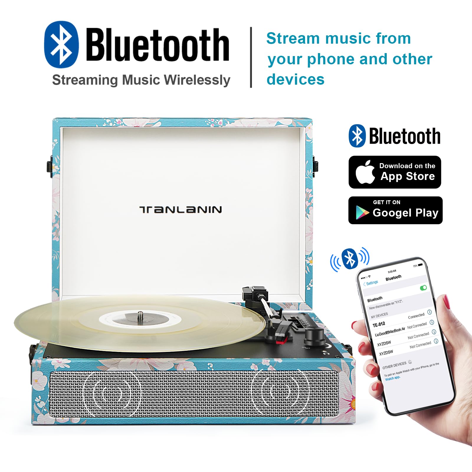 Vintage 3 Speed Bluetooth Record Player With Built In Speakers, Portable Suitcase Lp Vinyl Player With Usb Recording, Wireless M