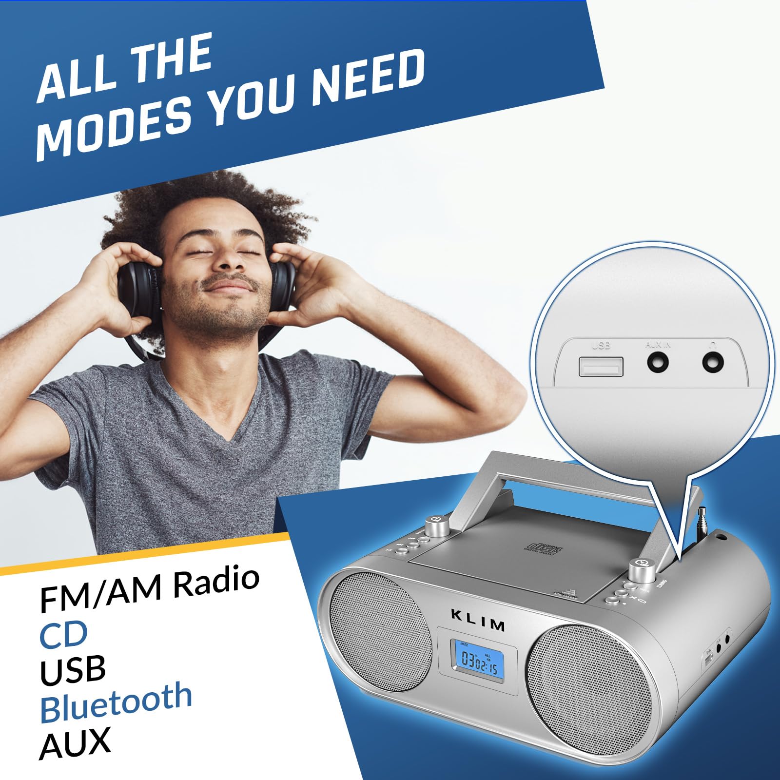 Klim Boombox B4 Cd Player Portable Audio System + Am/Fm Radio With Cd Player, Mp3, Bluetooth, Aux, Usb + Wired & Wireless Mode,