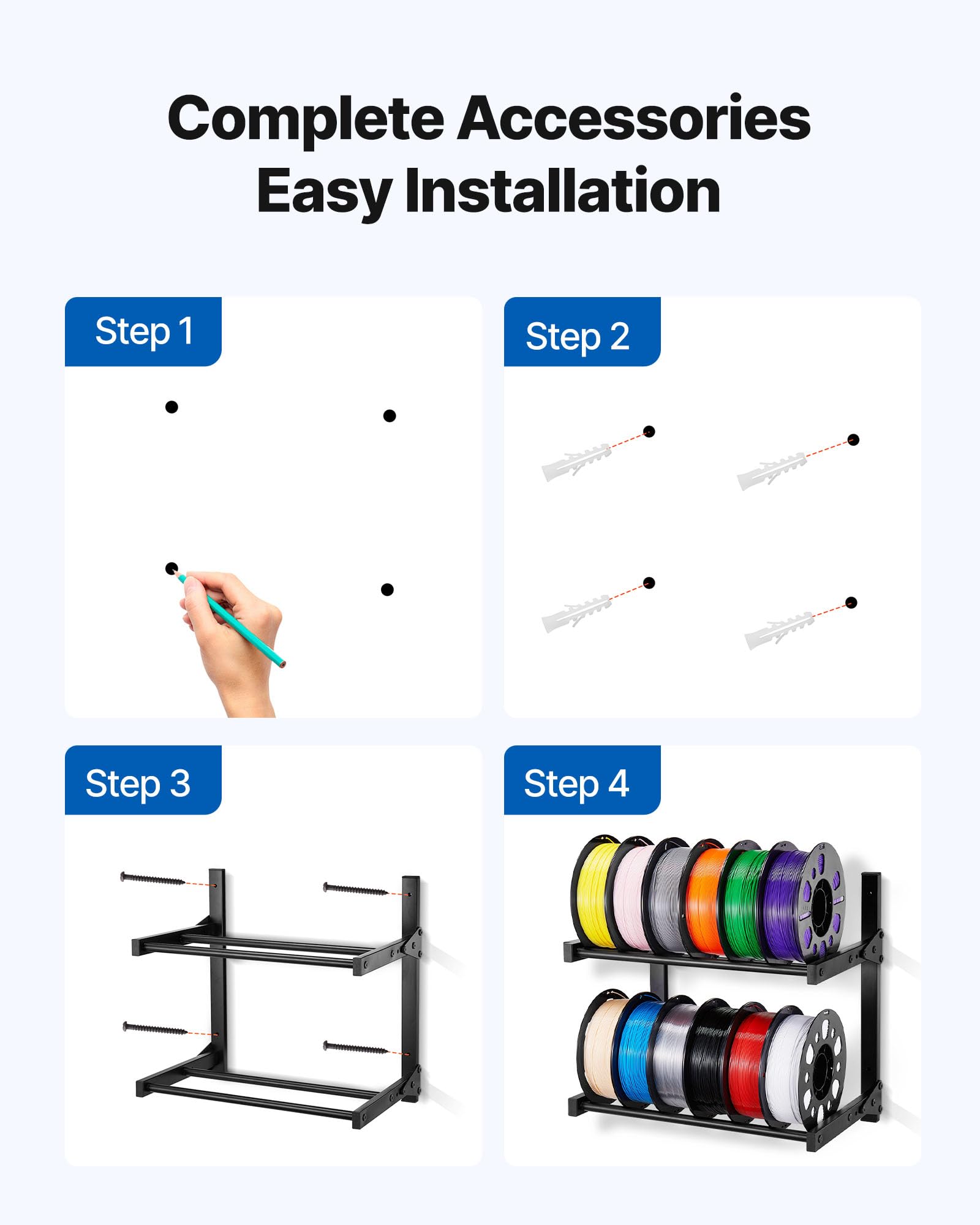 Vevor Wall Mount Printer Filament Storage Rack, 2-Tier Wall Bracket Storage Shelf, Rolling Filament Spool Holders Racks With Whe