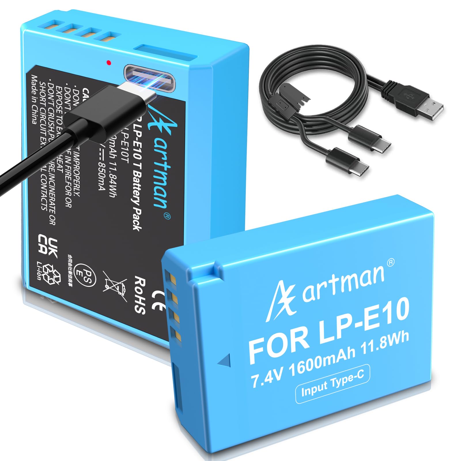 Artman 2 Pack Lp E10 Battery 1600Mah With Type C Two Ended Cable Charging For Canon Eos Rebel T7 T6 T5 T3 T100 Kiss X50 Kiss X70