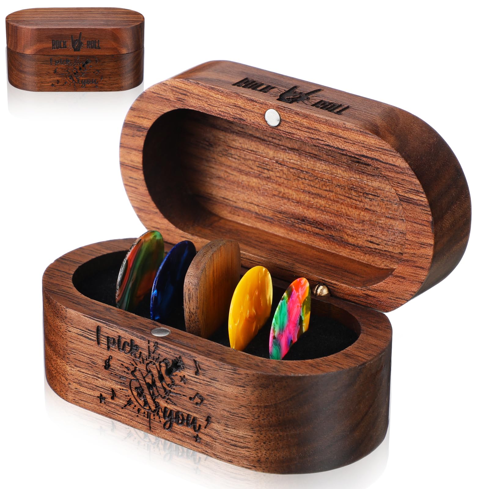 Lukmaa Black Walnut Guitar Pick Holder With 1 Wooden Pick And 6 Celluloid Picks In 3 Thicknesses, Cool Exquisite Guitar Accessor