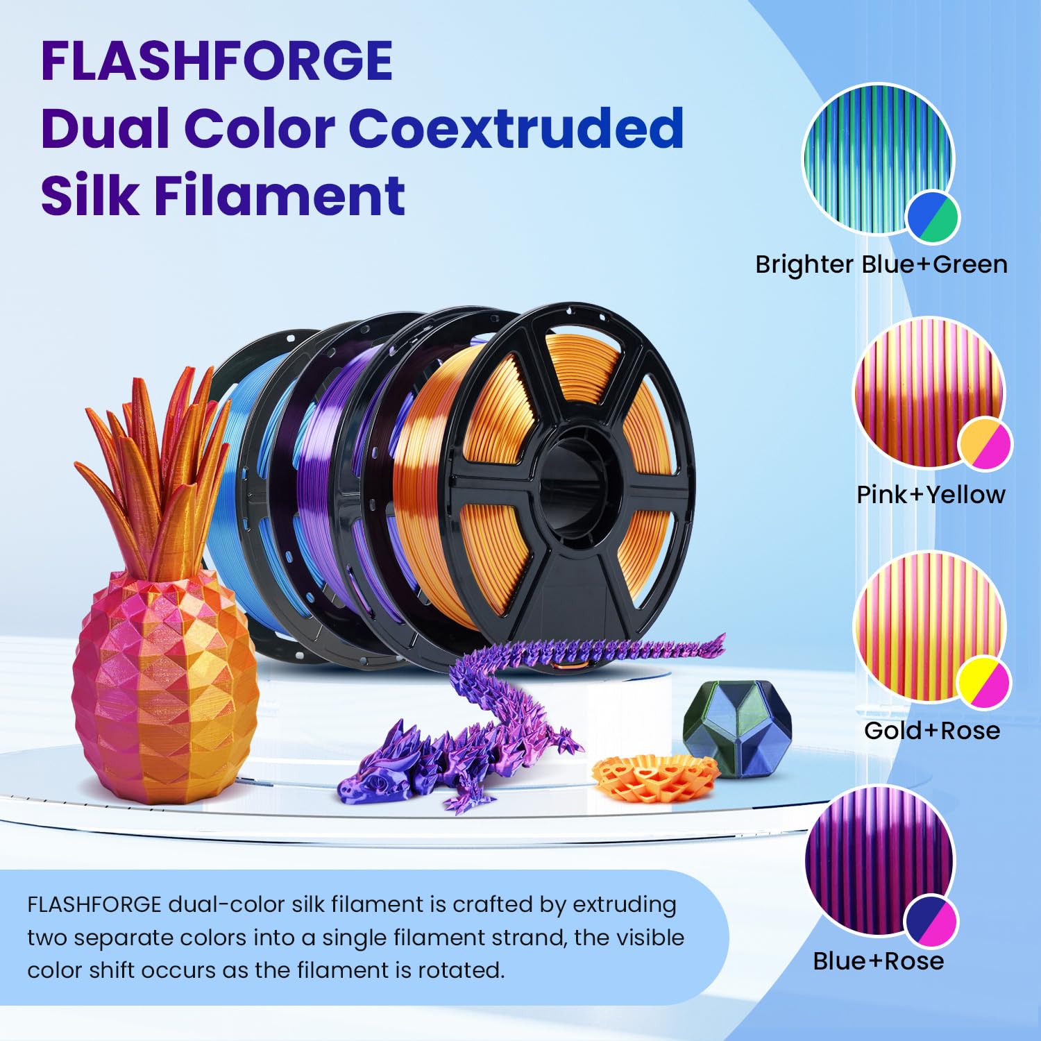 Flashforge Silk Pla 3D Printer Filament, Silk Shiny Fast Color Change, Multicolored Silk Pla Gradient Filament 1.75Mm 1Kg (2.2Lb