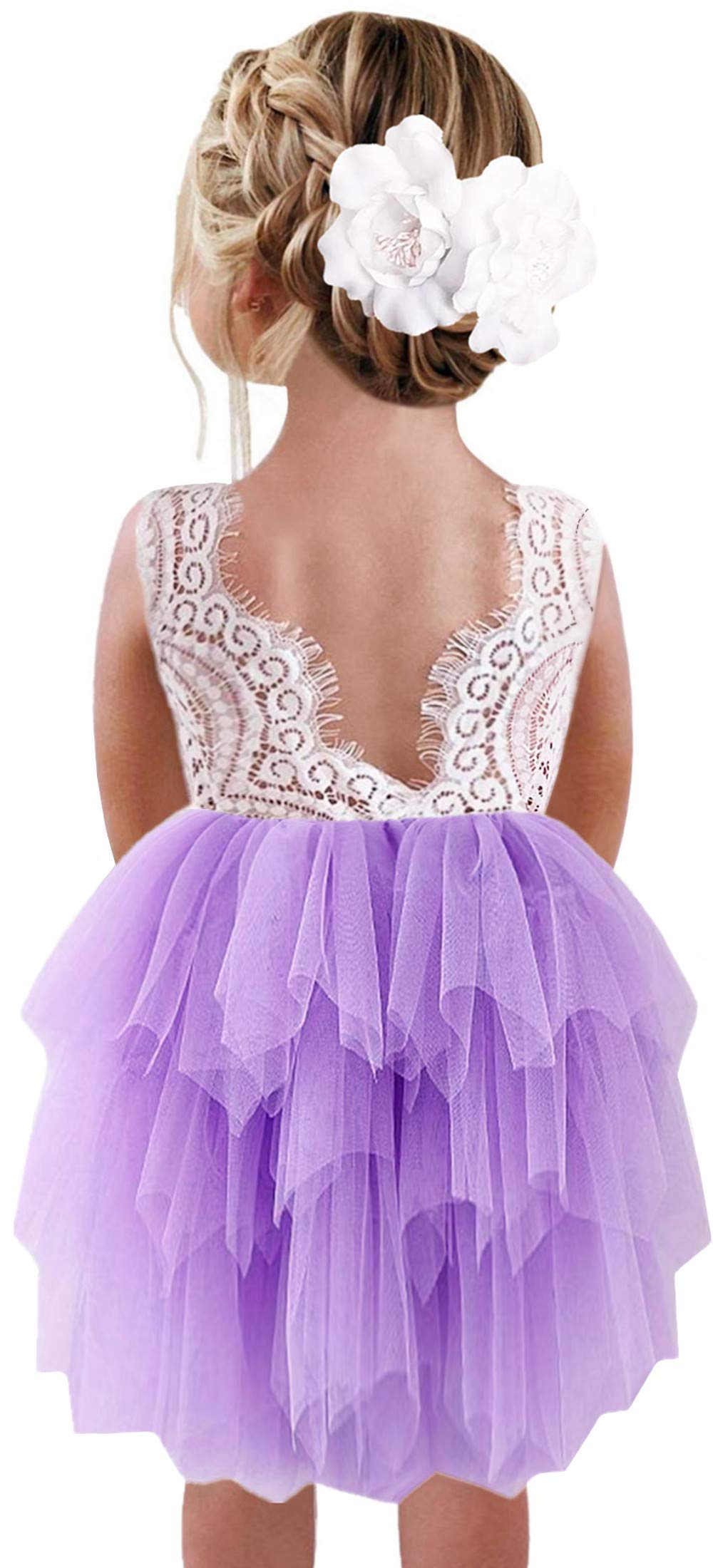 2Bunnies Girl Peony Lace Back A Line Tiered Tutu Tulle Flower Girl Dress (Purple Sleeveless Short, 12Months)