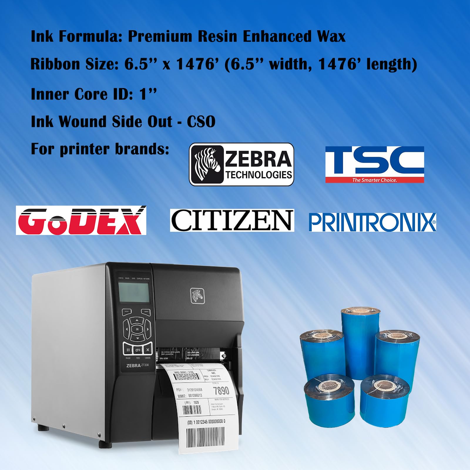 6.5'' X 1476' Premium Resin Enhanced Wax Ribbon, 165Mm X 450M Black Thermal Transfer Ribbon, Barcode Thermal Label Printer Ribbo