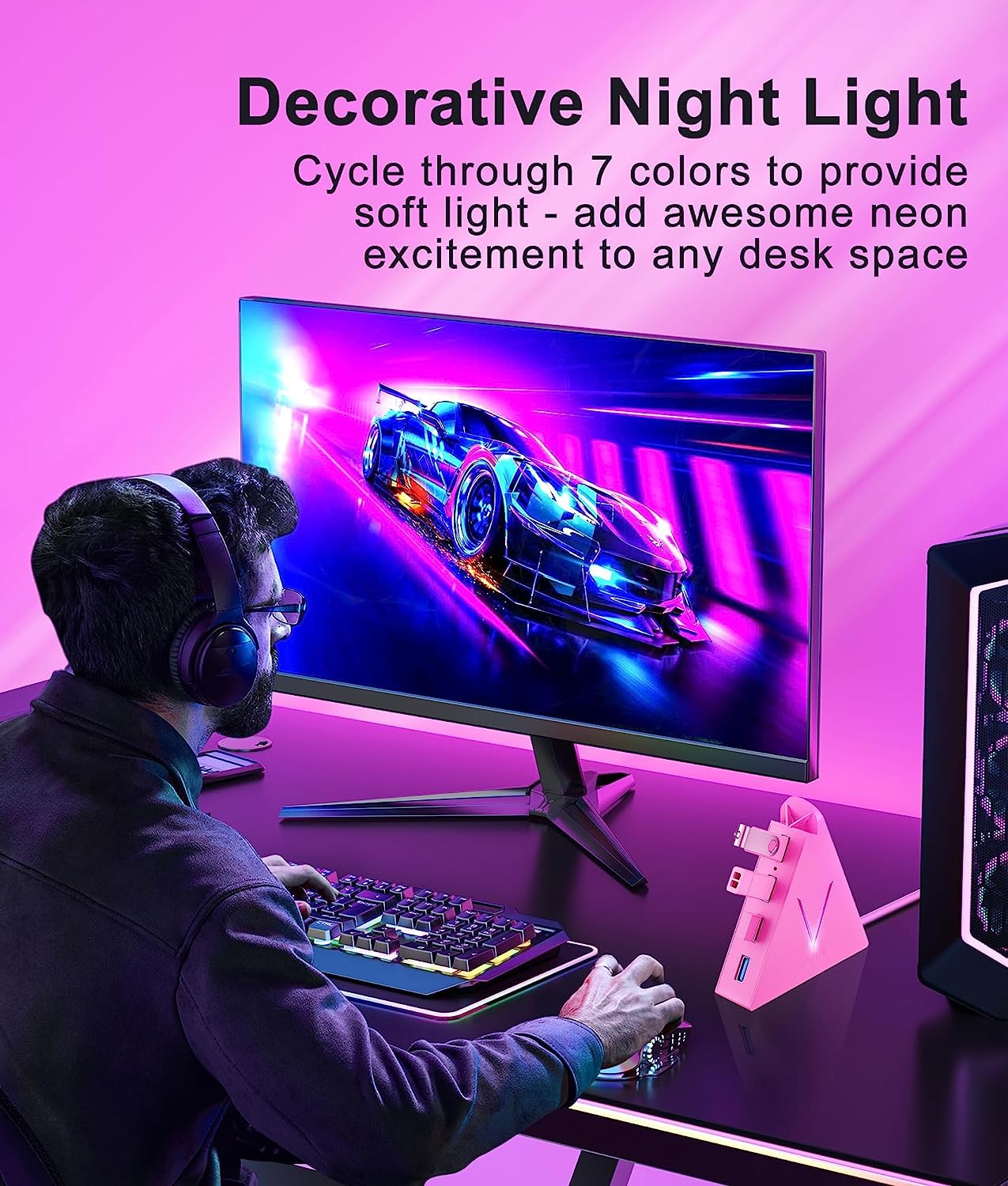 Joyreken 4 Port Usb 3.0 Hub, Flyingvhub Vertical Data Usb Hub With 2 Ft Extended Cable, For Mac, Pc, Xbox One, Ps4, Ps5, Imac, Surface Pro, Xps, Laptop, Desktop, Flash Drive, Mobile Hdd(Pink)