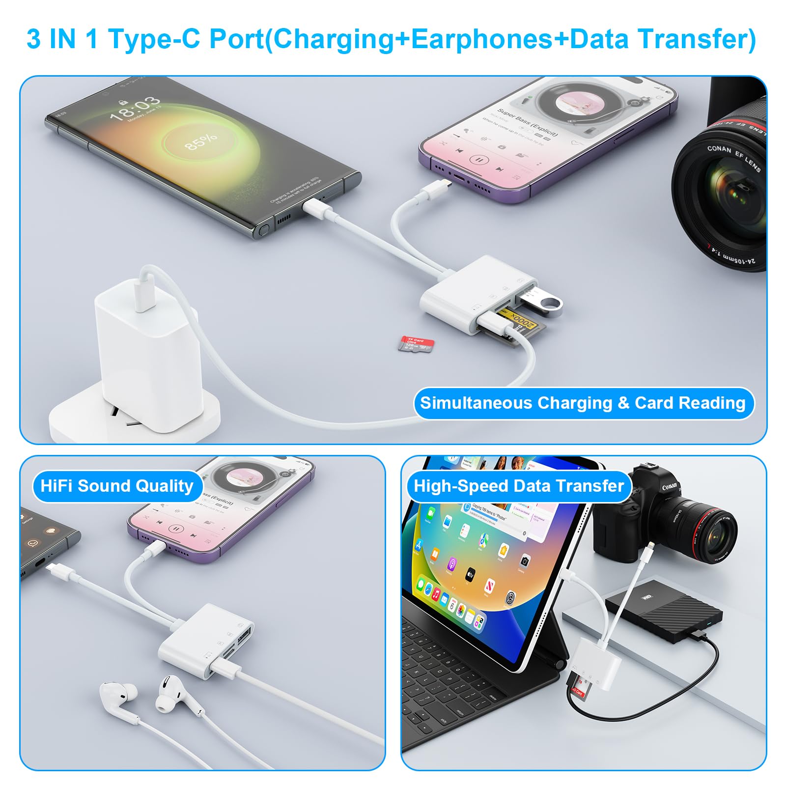 Usb C Lightning Sd Tf Card Reader, 4 In 2 Memory Card Reader For Iphone 15/Ipad/Mac/Laptop, Dual Connector Digital Camera Card A