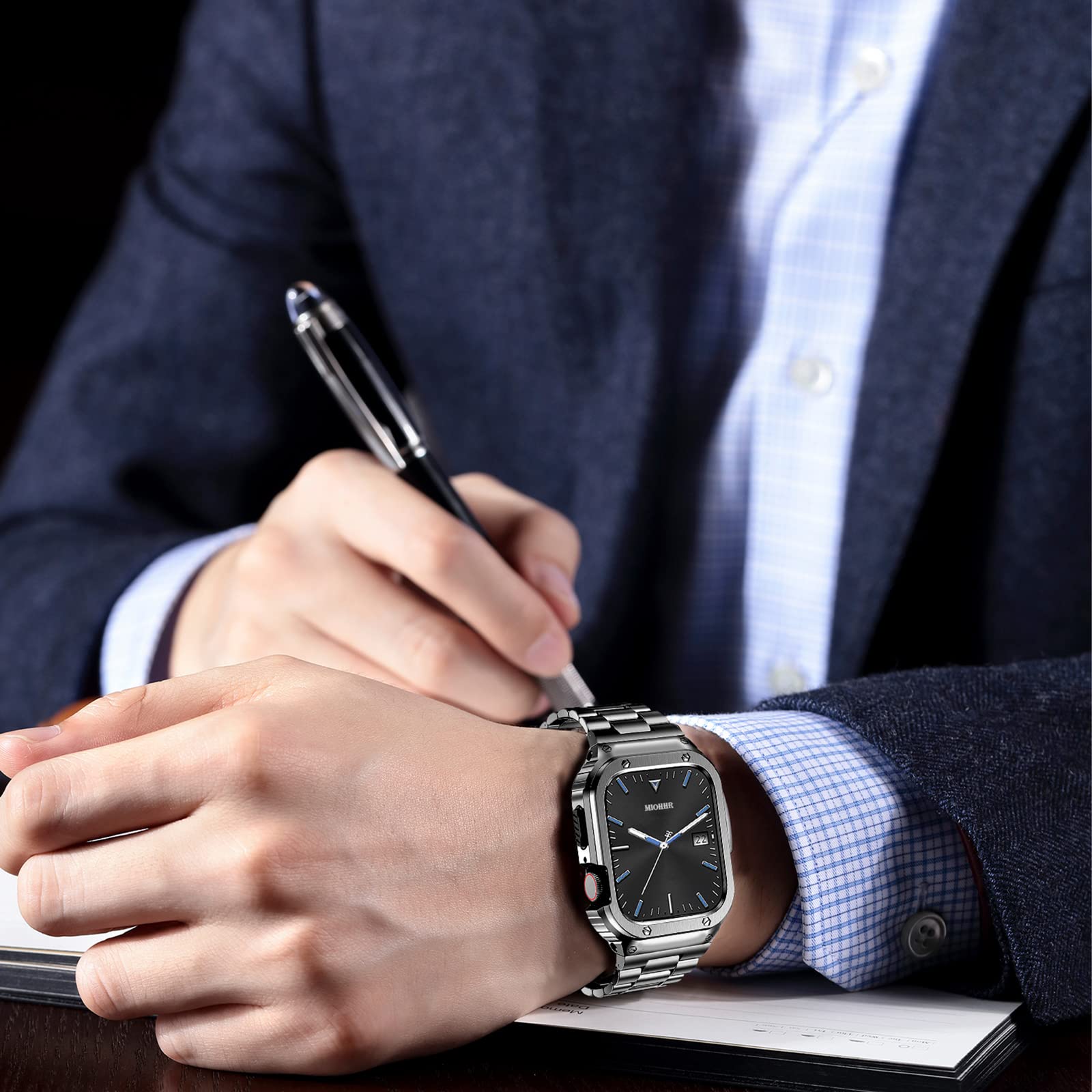 Miohhr Stainless Steel Band And Case Compatible With Apple Watch Band 41Mm 40Mm 38Mm, Men Metal Protective Bumper Cover For Iwat