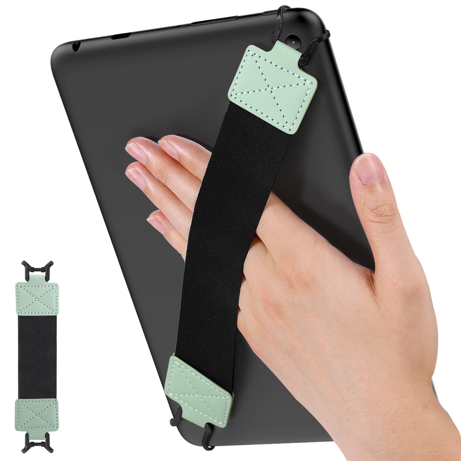 MoKo Security Hand Strap for 9 11 Inch Tablet, iPad/iPad Pro/iPad Air/Kindle Fire HD/Samsung, High Elasticity Versatile Hand Strap Lightweight Finger Grip Holder, Black Belt, Mint Green