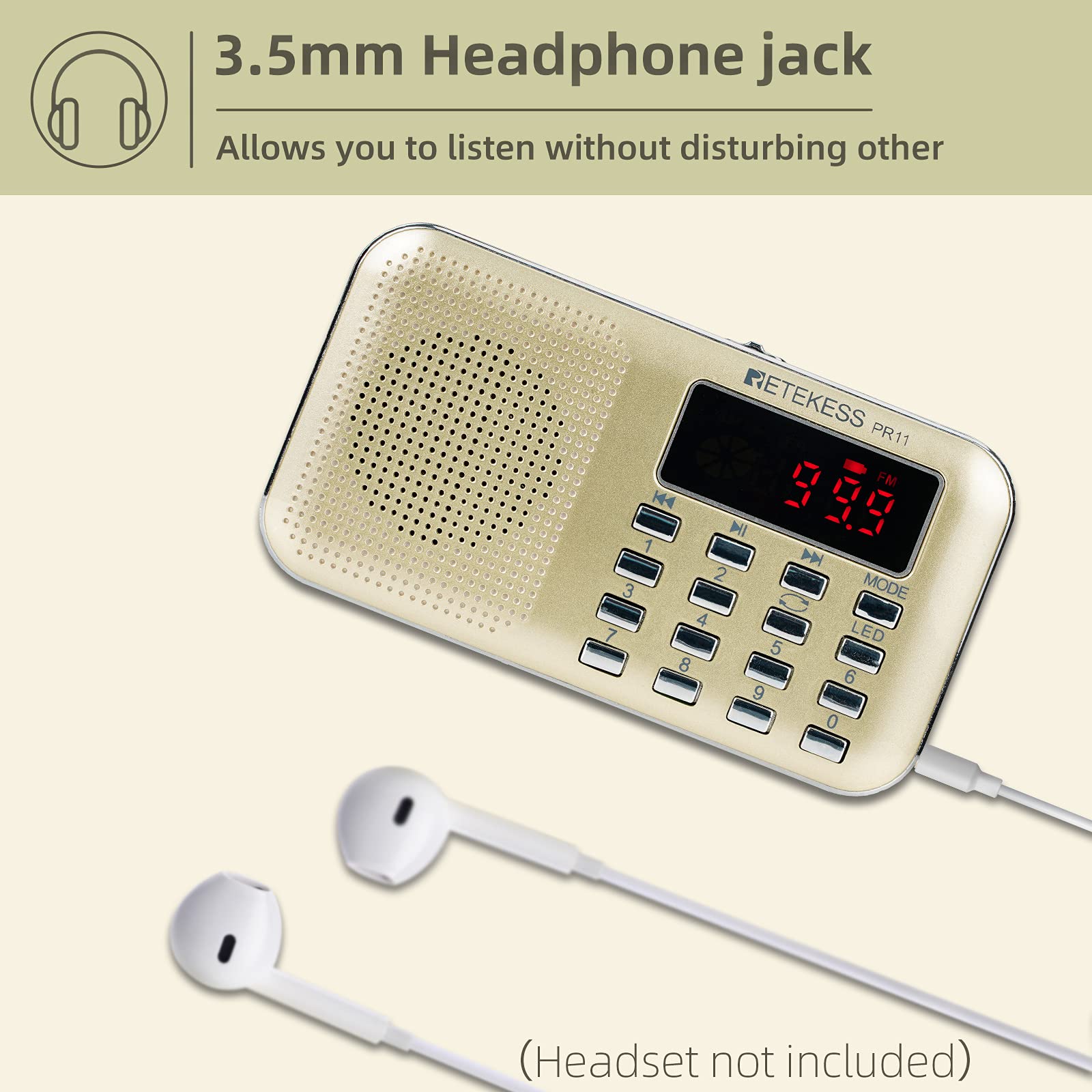Retekess Pr11 Am Fm Radio Portable, Rechargeable Transistor Radios Small, With Headphone Jack Mp3 Music Player Speaker Support Micro Sd Card For Outdoor (Gold)