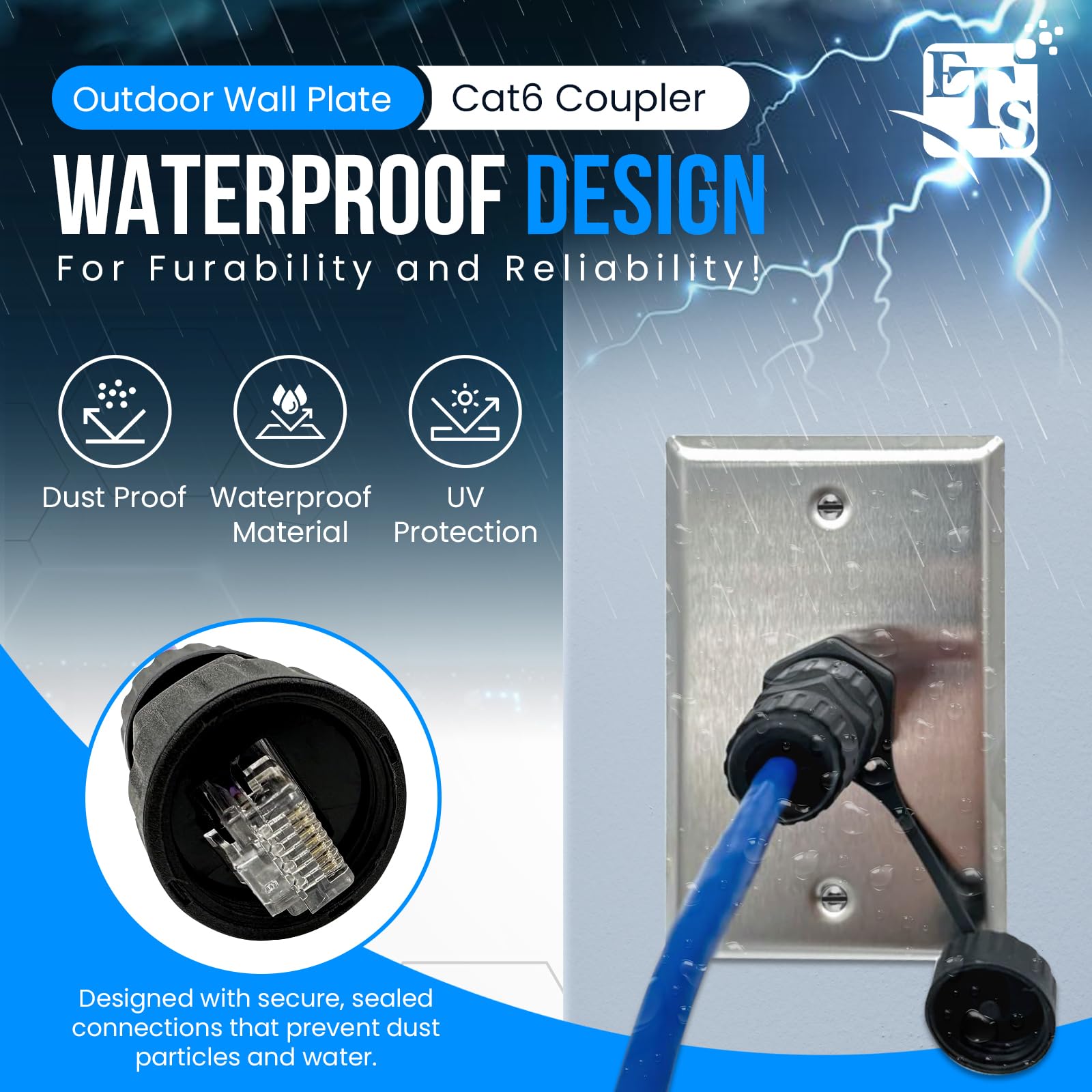 Ets Stainless Steel Single Gang Wall Plate W/Single Ip68 Waterproof Rj45 Cat6 Jack Pass Through Socket Coupler Connection Type,