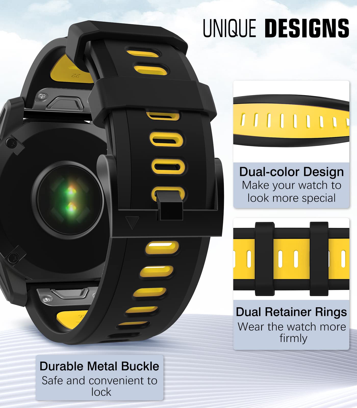 MoKo Watch Strap Compatible with Garmin Fenix 7/7 Pro/6/6 Pro/5/5 Plus/Forerunner 965/955/945/Instinct Solar/Instinct 2, Quick Fit 22mm Soft Silicone Replacement Band Sport Wristband, Black/Yellow