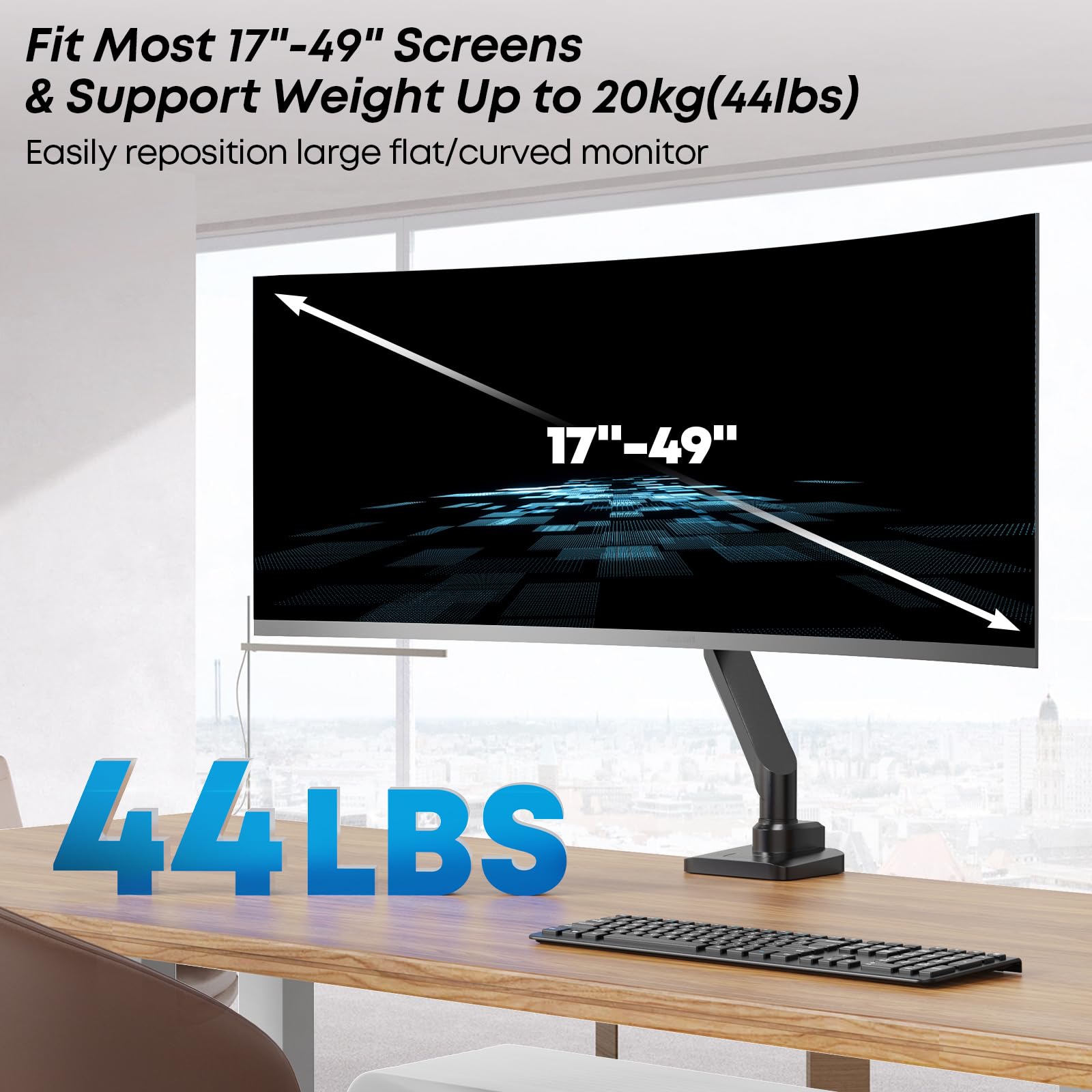 Imtkotw Premium Heavy Duty Monitor Arm For 17 To 49 Inch Screens Up To 44Lbs, Fully Adjustable Ultrawide Single Clamp On Desk Mo