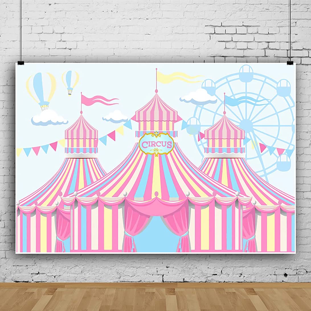 Yeele Pink Circus Backdrop Carnival Carousel Circus Tents Background For Photography Happy First 1St Birthday Backdrops Ferris H