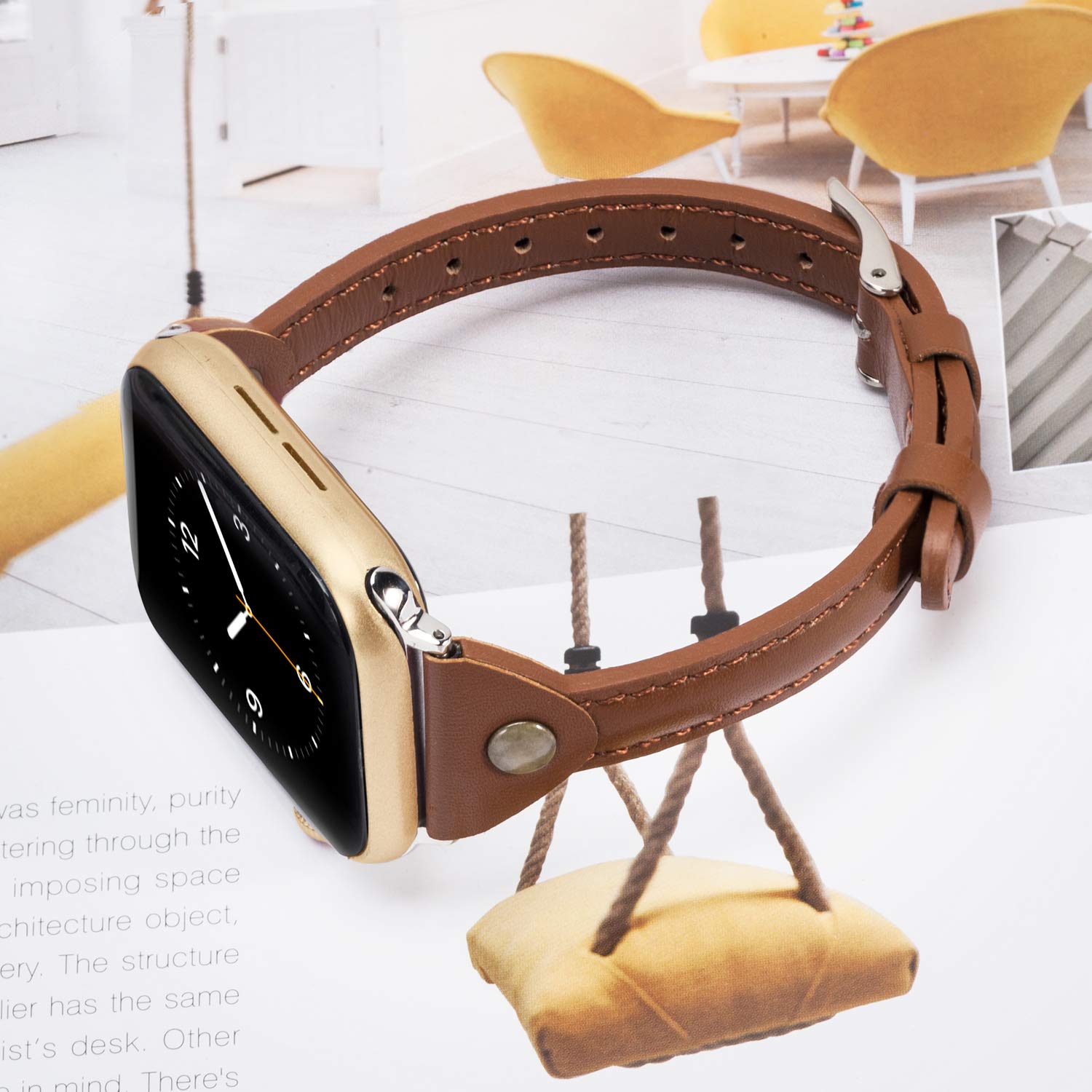 Wearlizer Brown Slim Leather Compatible With Apple Watch Bands 38Mm 40Mm 41Mm For Iwatch Se Womens Mens Strap Classic Simple Wri