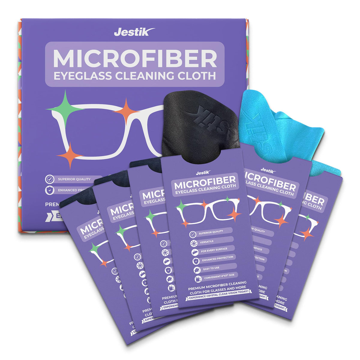 Jestik Microfiber Eyeglass Cleaning Cloths - Premium Japanese Microfiber Cleaning Cloth for Glasses, Lens Cleaner for Glass, Screens, Electronics & Other Delicate Surfaces. (Black/Blue - Pack of 6)