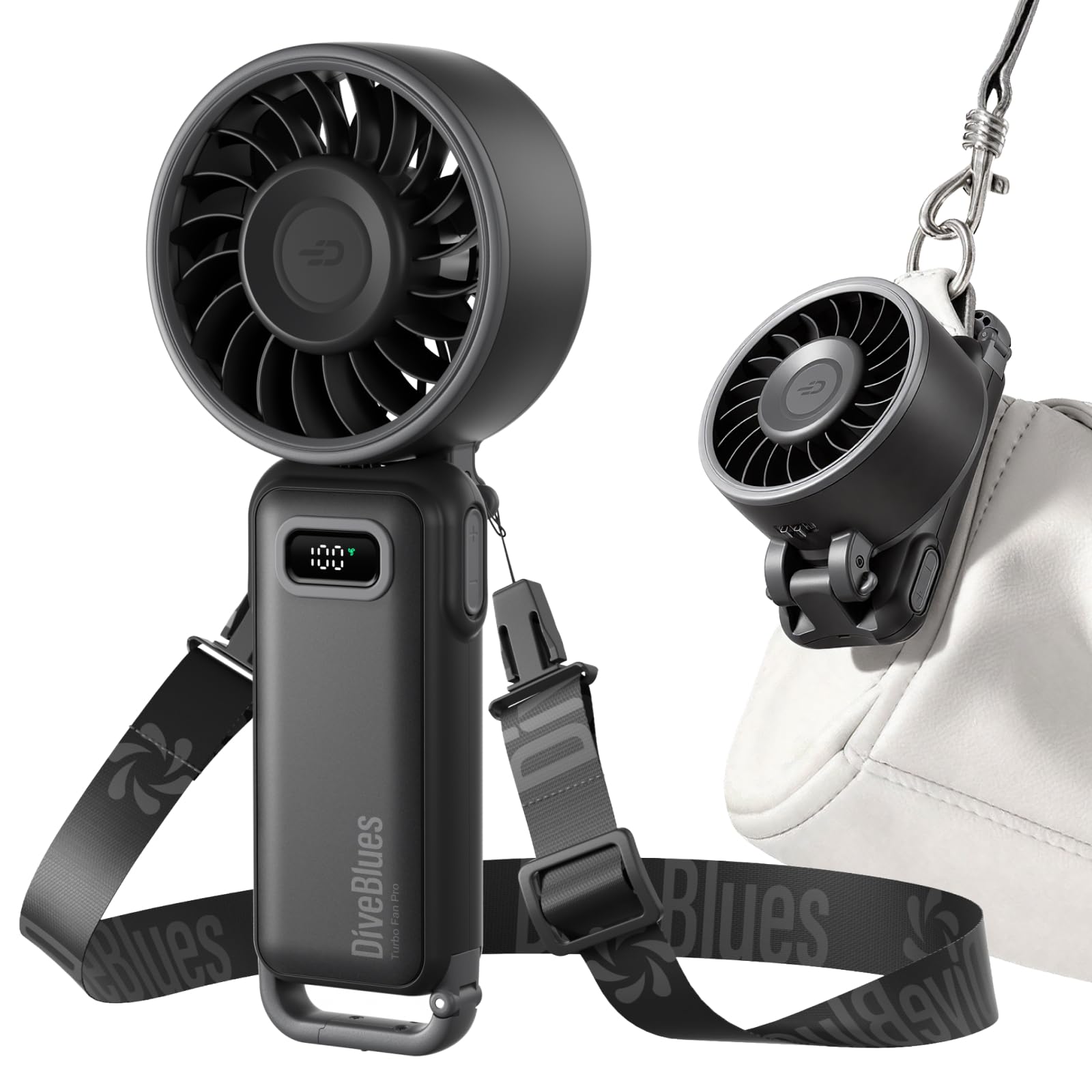 Diveblues Portable Turbo Fan, 100 Speed Handheld Fan with Strong Airflow, Foldable 4 in 1 Personal Fan for Neck, Desk & Travel, 