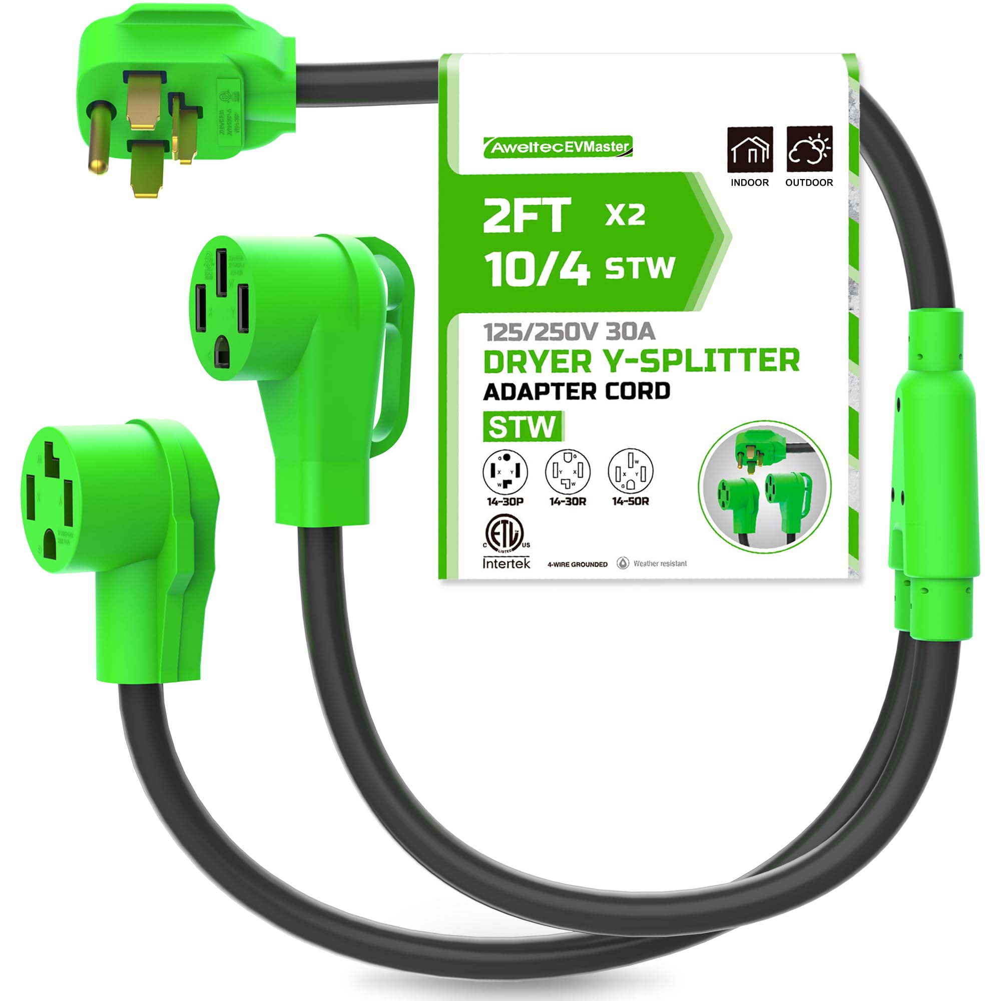 Evmaster Nema 14 30P To 14 30R/14 50R Dryer Y Adapter Splitter,4 Prong Dryer Outlet Plug Adapter Cord,250 Volt,10 Awg Stw,30 Amp