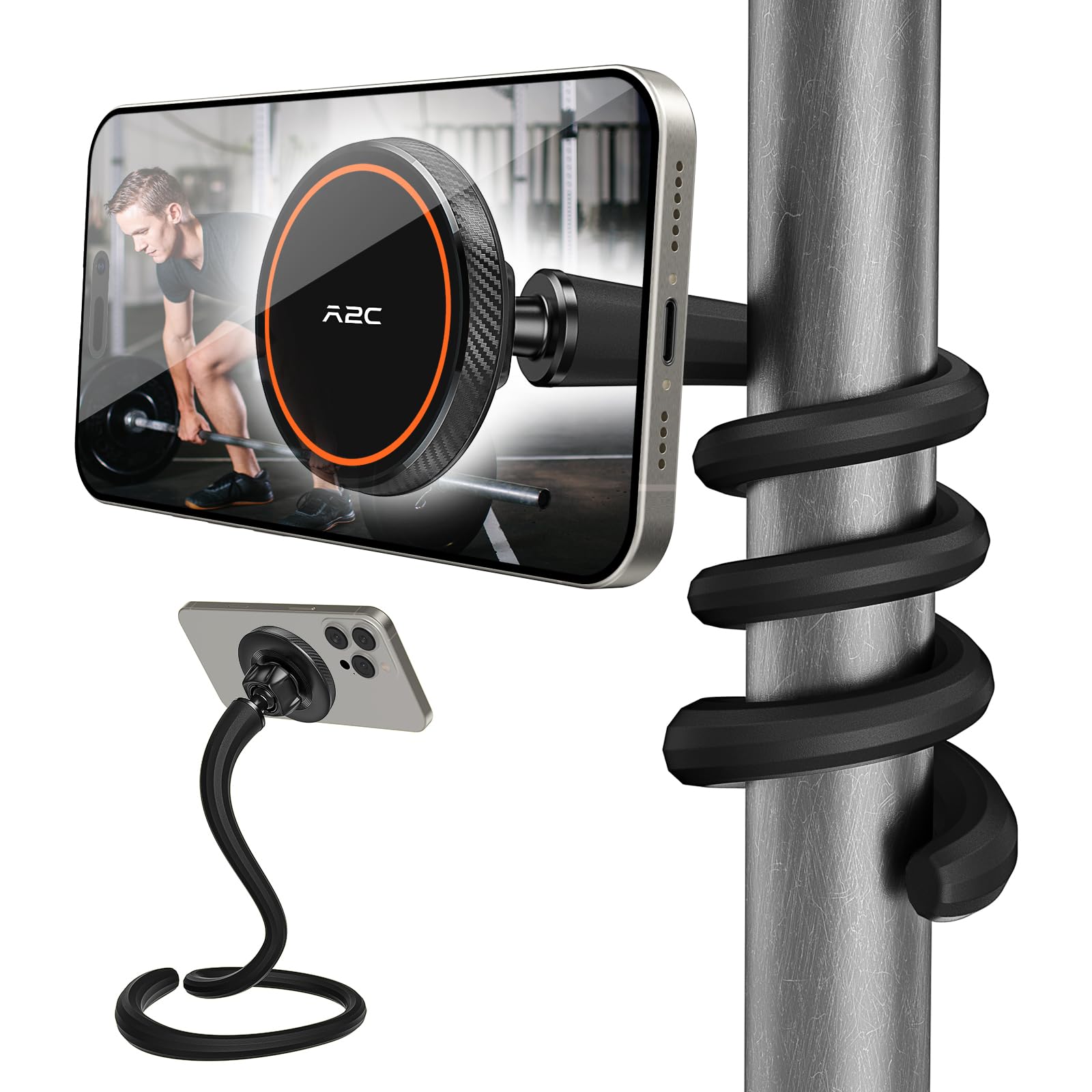 A2C Flexible Gooseneck Phone Holder For Iphone Magsafe, Long Arm Gym Magnetic Phone Holder For Treadmill Peloton, Portable Fitne