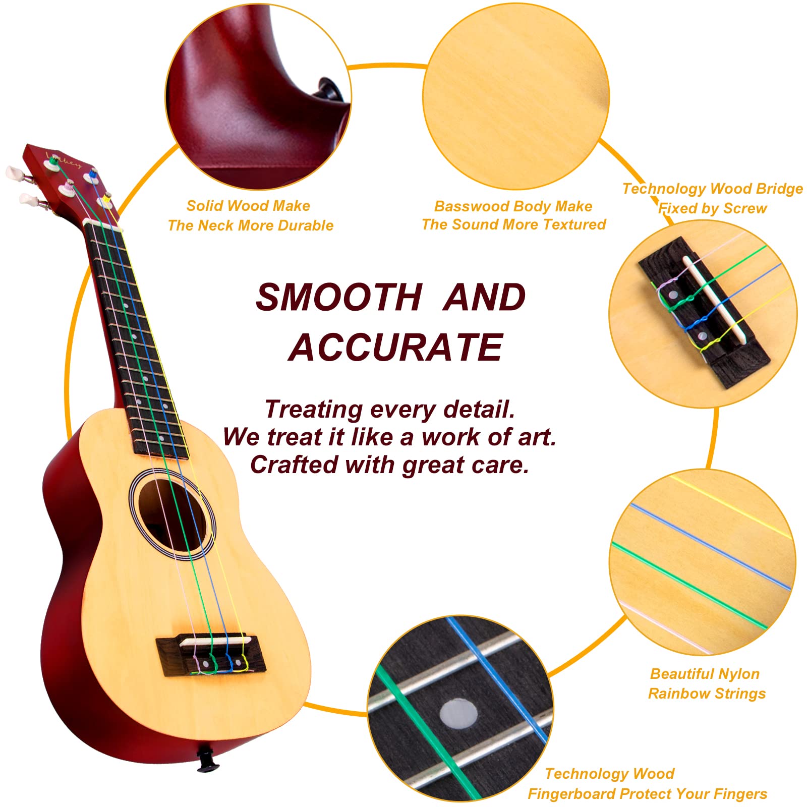 Ukulele, Soprano 21 Inch Ukelele Lotkey Ukeleles For Beginners Rainbow String Kit (Ukalalee Strap Cloth Tuner Bag Picks Manual)