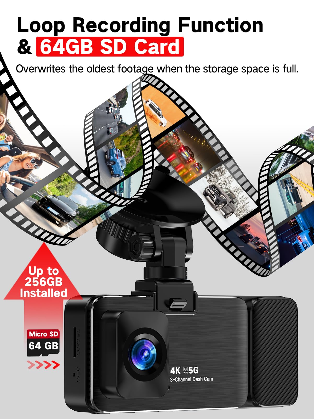 3 Channel Dash Cam Front Inside And Rear, 4K Full Hd Car Dash Camera With 64Gb Card, Night Vision, App Control, Loop Recording,