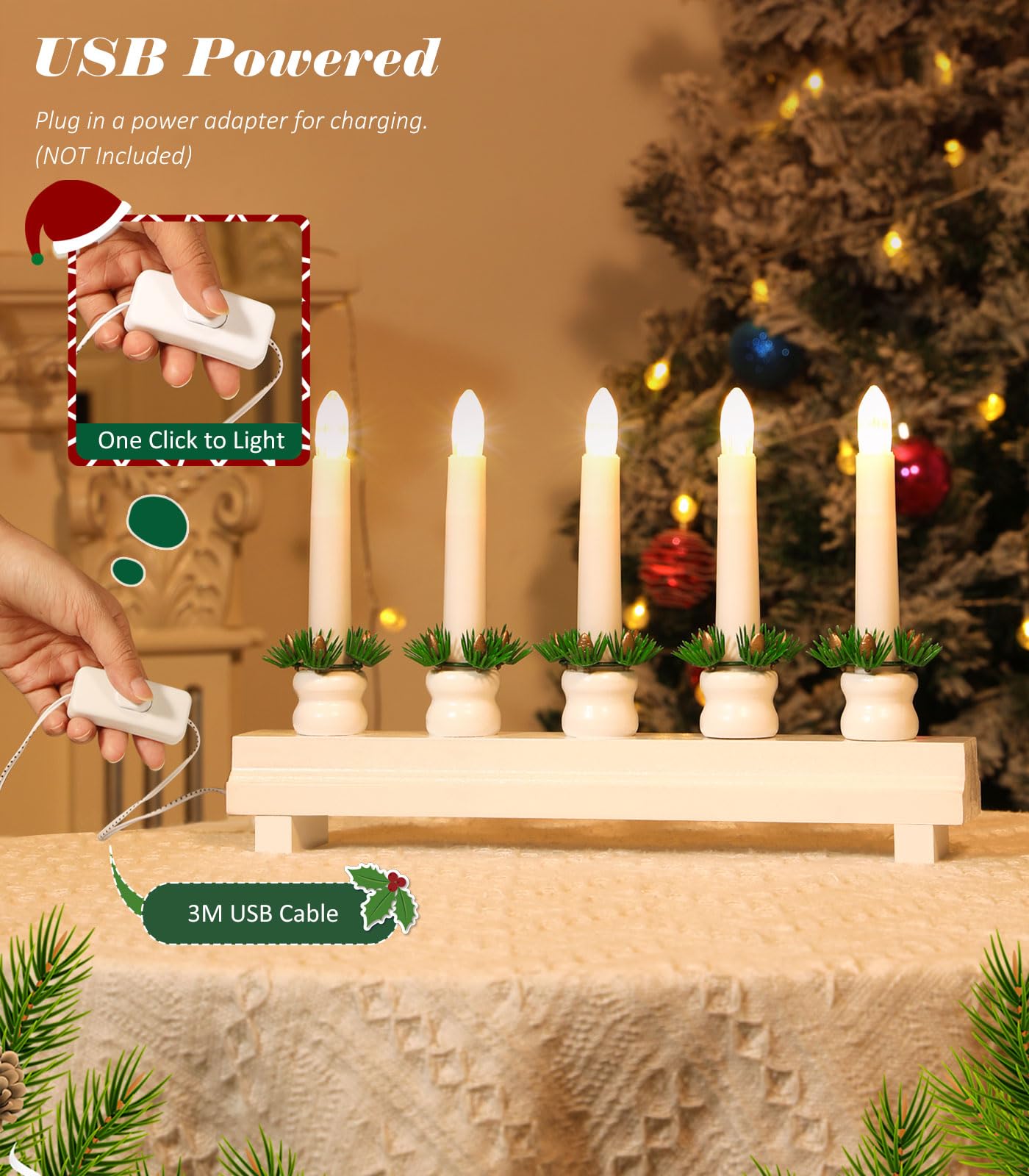 Lewondr Christmas Swedish Candelabra, Electric Candles With 5 Flameless Taper Candles, Wooden Candle Bridge Light With Usb Power