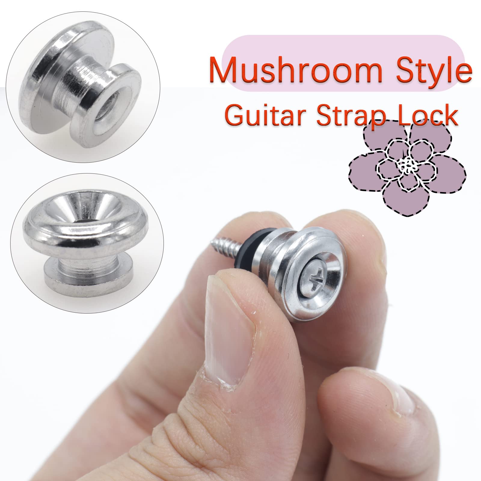 Cheerock 2Pcs Silver Metal Guitar Strap Locks, Mushroom Style Guitar Strap Lock Buttons, Electric Guitar Strap Locks, Mushrooms