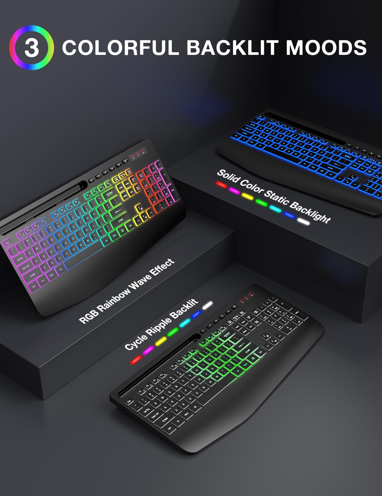 Wireless Keyboard And Mouse Combo, 9 Backlit Effects, Wrist Rest, Phone Holder, 2.4G Lag Free Ergonomic Keyboards, Rechargeable