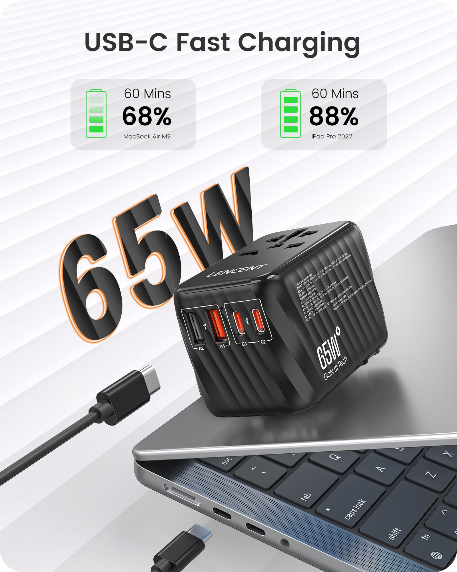 Lencent Universal Travel Adapter, 65W Gan International Fast Charger With 2 Pd3.0 Type C+2 Qc Usb A, Worldwide Power Adaptor For