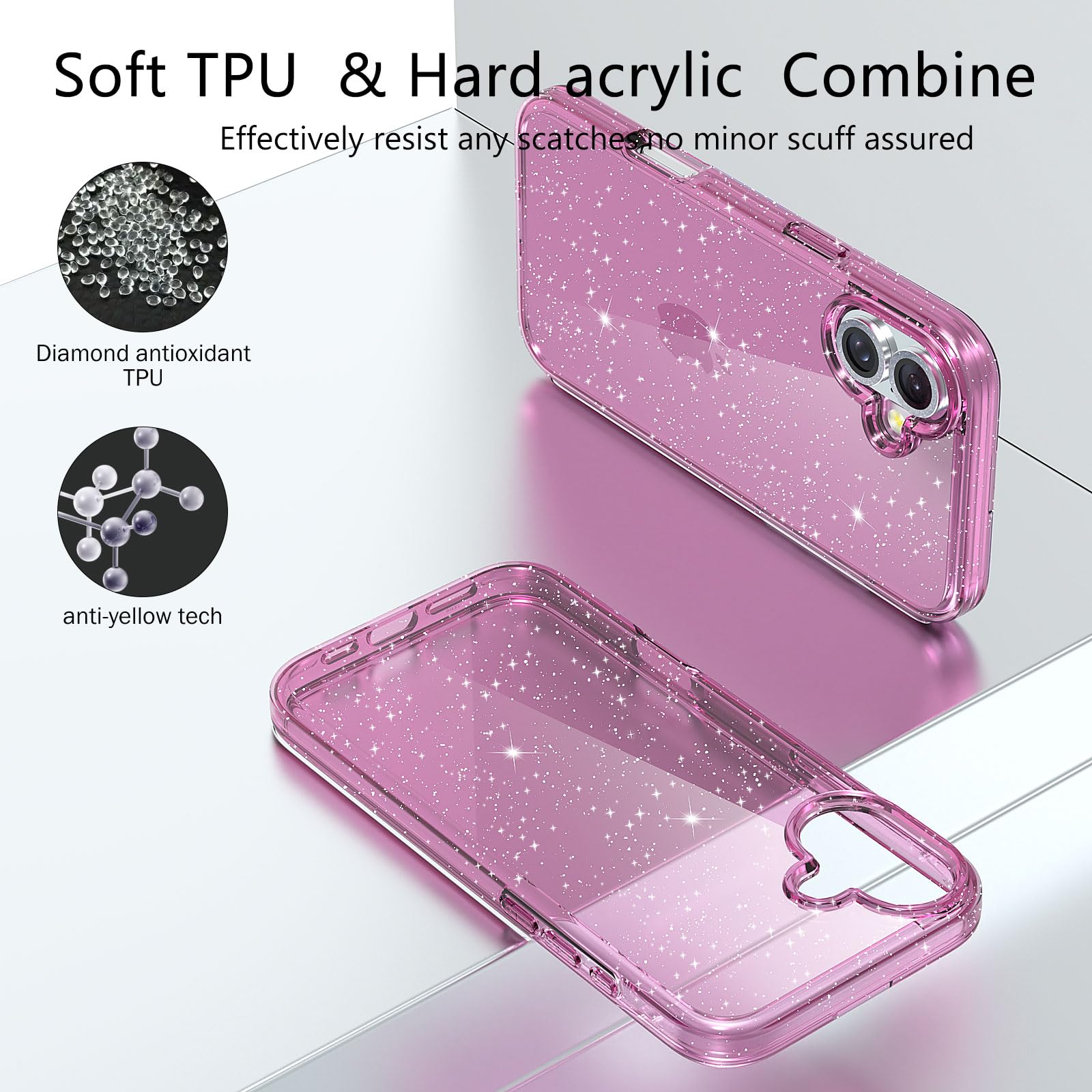 Jasmeas Glitter Case For Iphone 16, With [2 Pack] Screen Protector & [2 Pack] Camera Lens Protector Sparkle Pc Hard Soft Tpu Sil