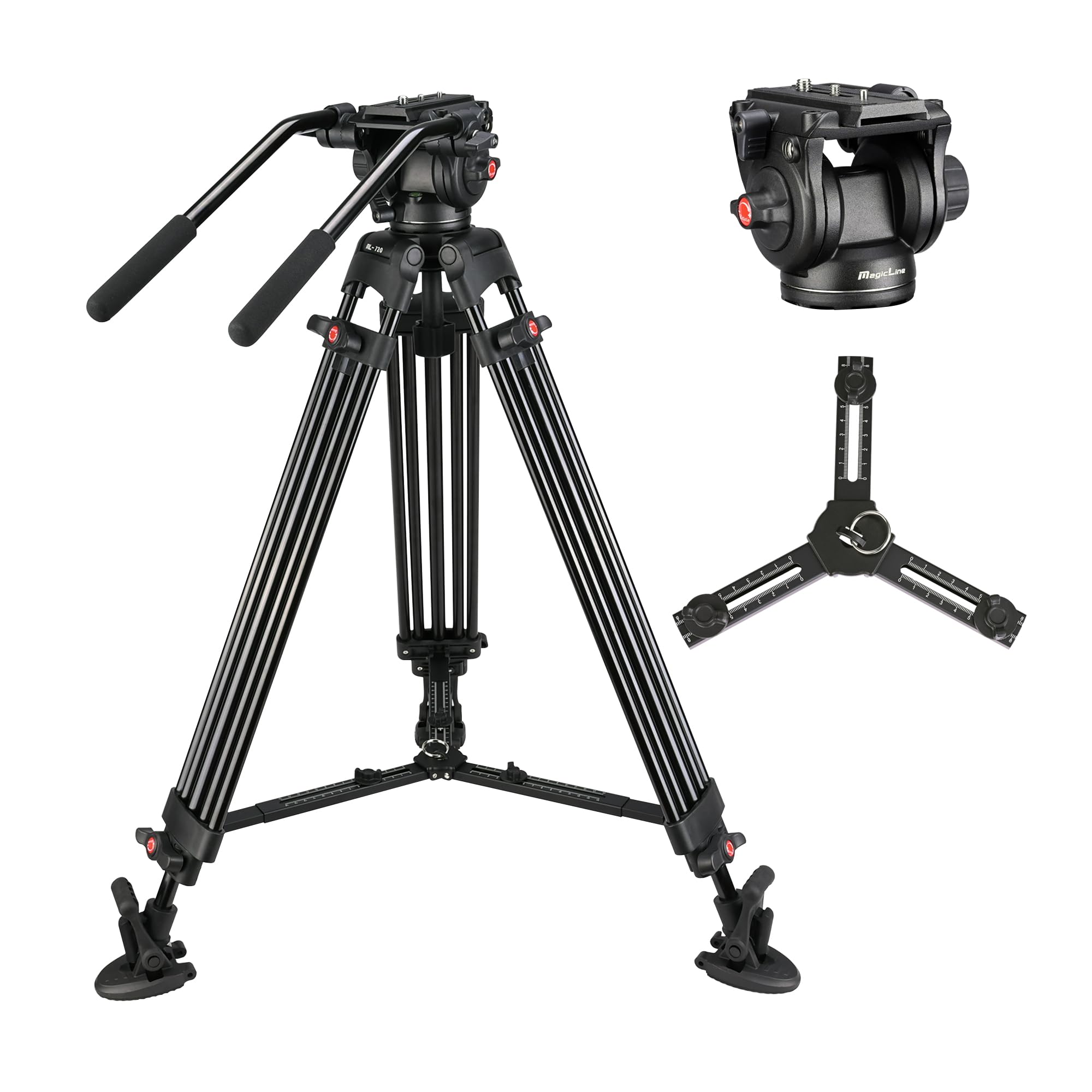 MagicLine 65.7 inch Heavy Duty Aluminum Video Camera Tripod with Fluid Head, 2 Pan Bar Handles, Adjustable Mid-Level Spreader,QR