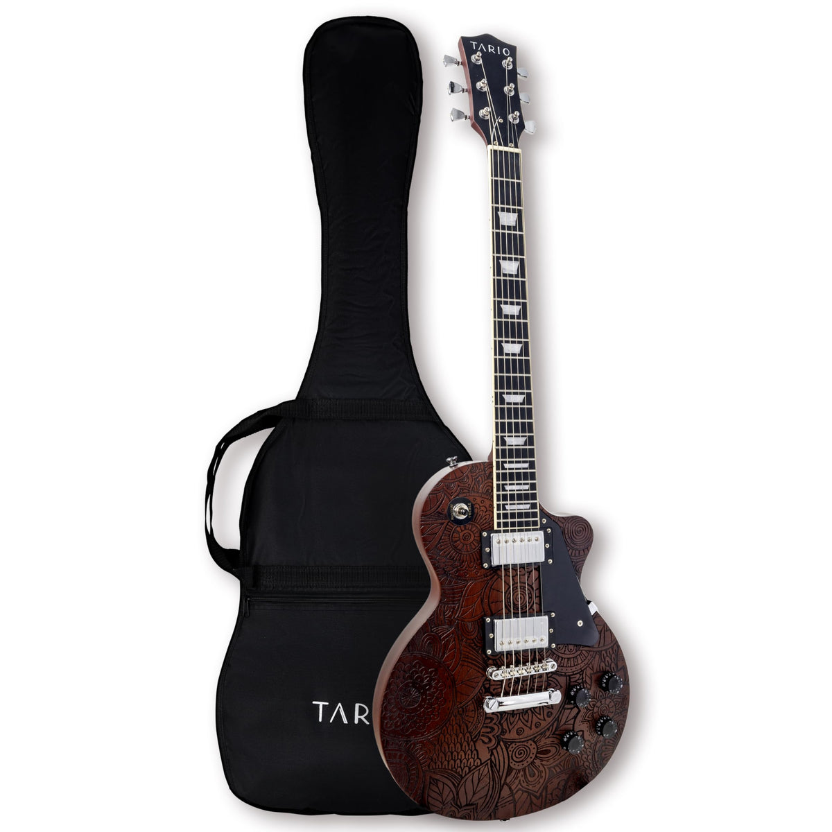 Tario Electric Guitar Surface Engraving Pattern Design Guitar Okoume Body With Bag