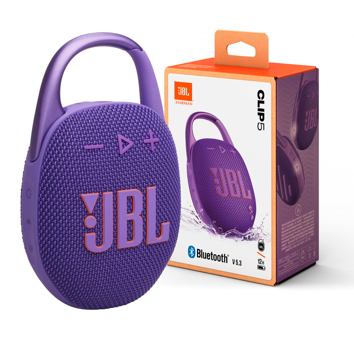 JBL Clip 5 - Ultra-Portable, Waterproof & Dustproof Bluetooth Speaker, Big Pro Sound with Punchy bass, Integrated Carabiner, Up to 12 Hours of Play, Made in Part with Recycled Materials (Purple)