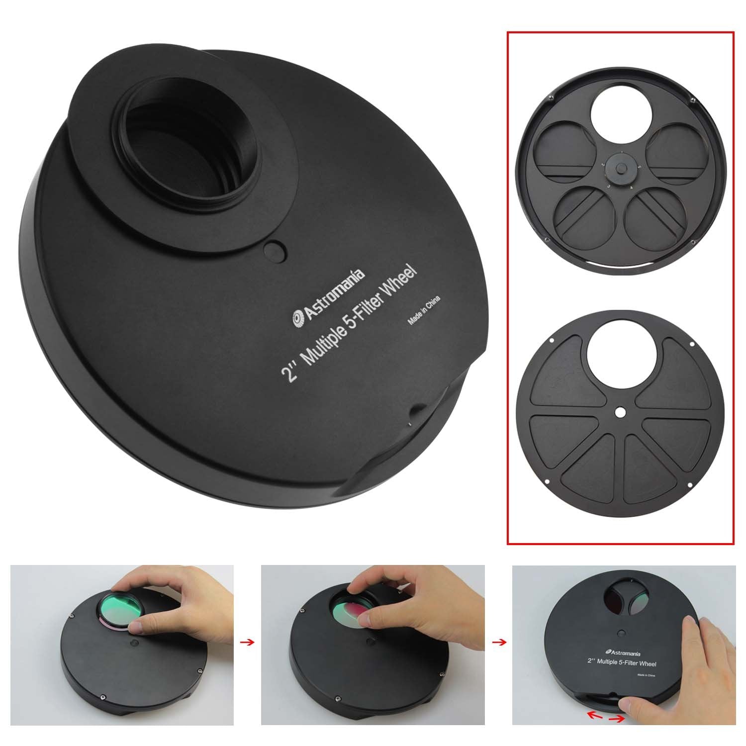 Astromania 2'' Aluminum 5 Position Filter Wheel For Telescope   Light Tight, Allows Rapid Filter Changes, Sturdy