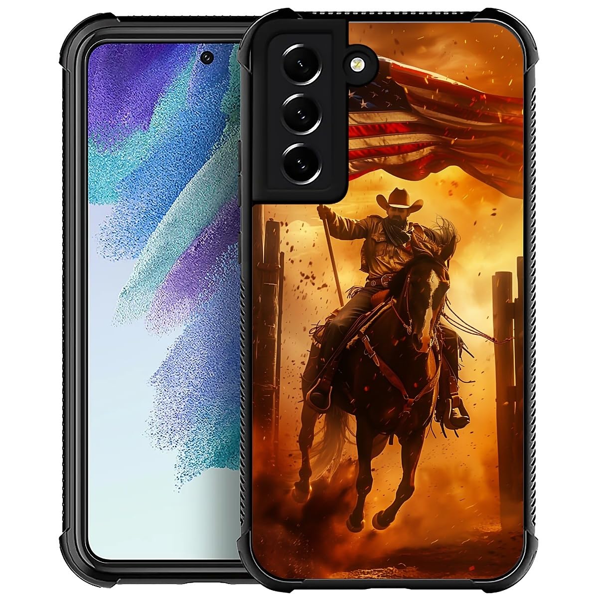 Carloca Compatible With Samsung Galaxy S21 Case, Horse American Flag Cowboy Pattern For Girl Ultra Protection Shockproof Soft Si