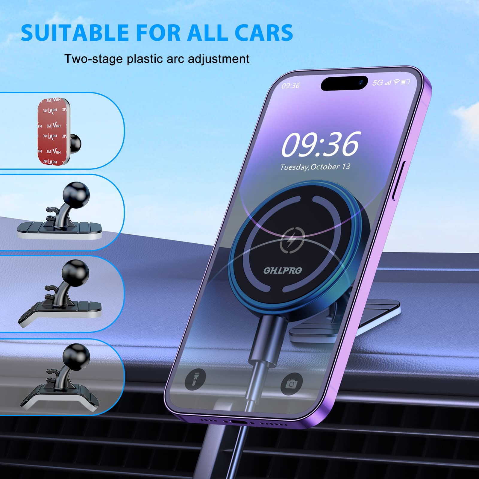 Ohlpro For Iphone16 Magsafe Car Mount Charger, 15W Fast Charging Dashboard Magnetic Car Phone Holder - Vent Clip And 3M Adhesive