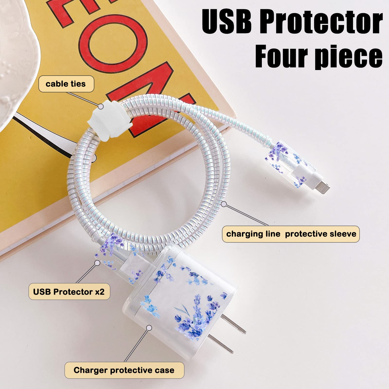 Cute Cable Protector For Iphone Charger,Kawaii Purple Lavender Flower Floral Pattern Unique Design Data Cable Bite Protector Dat