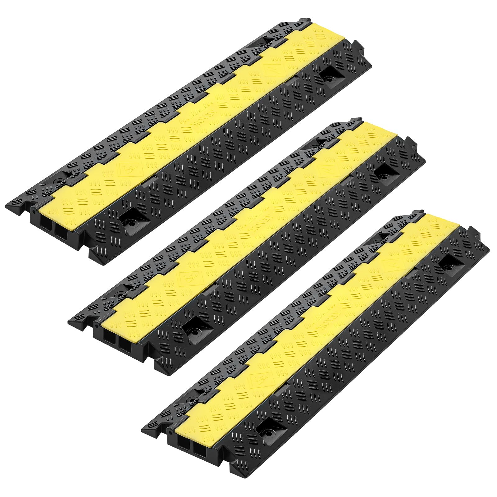 VEVOR 3 PCs Rubber Cable Protector Ramp, 2 Channel Heavy Duty TPU Floor Cord Hose Wire Cover, 1.2 W x 1.1 H Channel Size, Tr