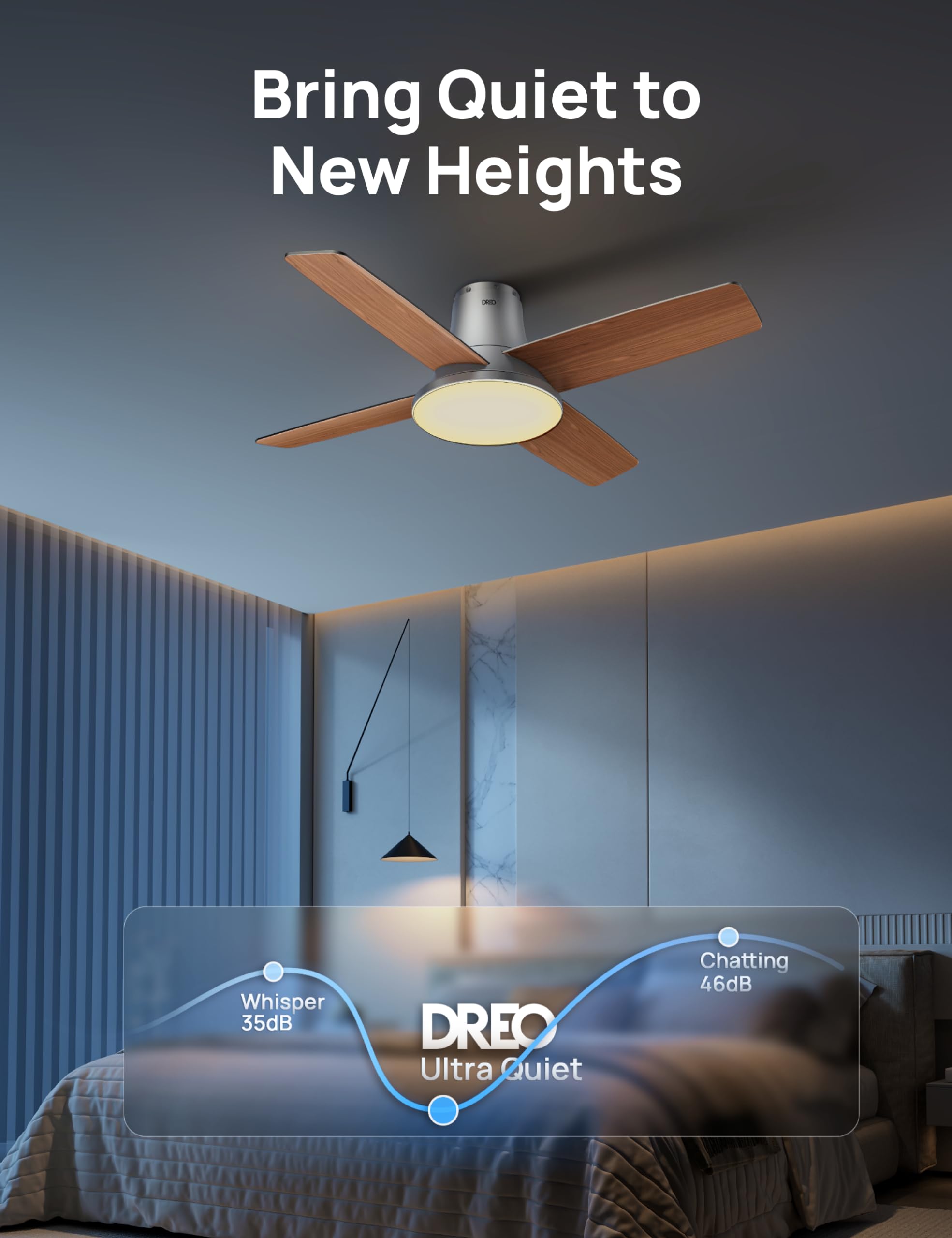 Dreo Ceiling Fans With Lights And Remote, 44 Inch Low Profile Sliver Ceiling Fan, Reversible, 5Cct, 6 Level Dimmable, 6 Speeds B