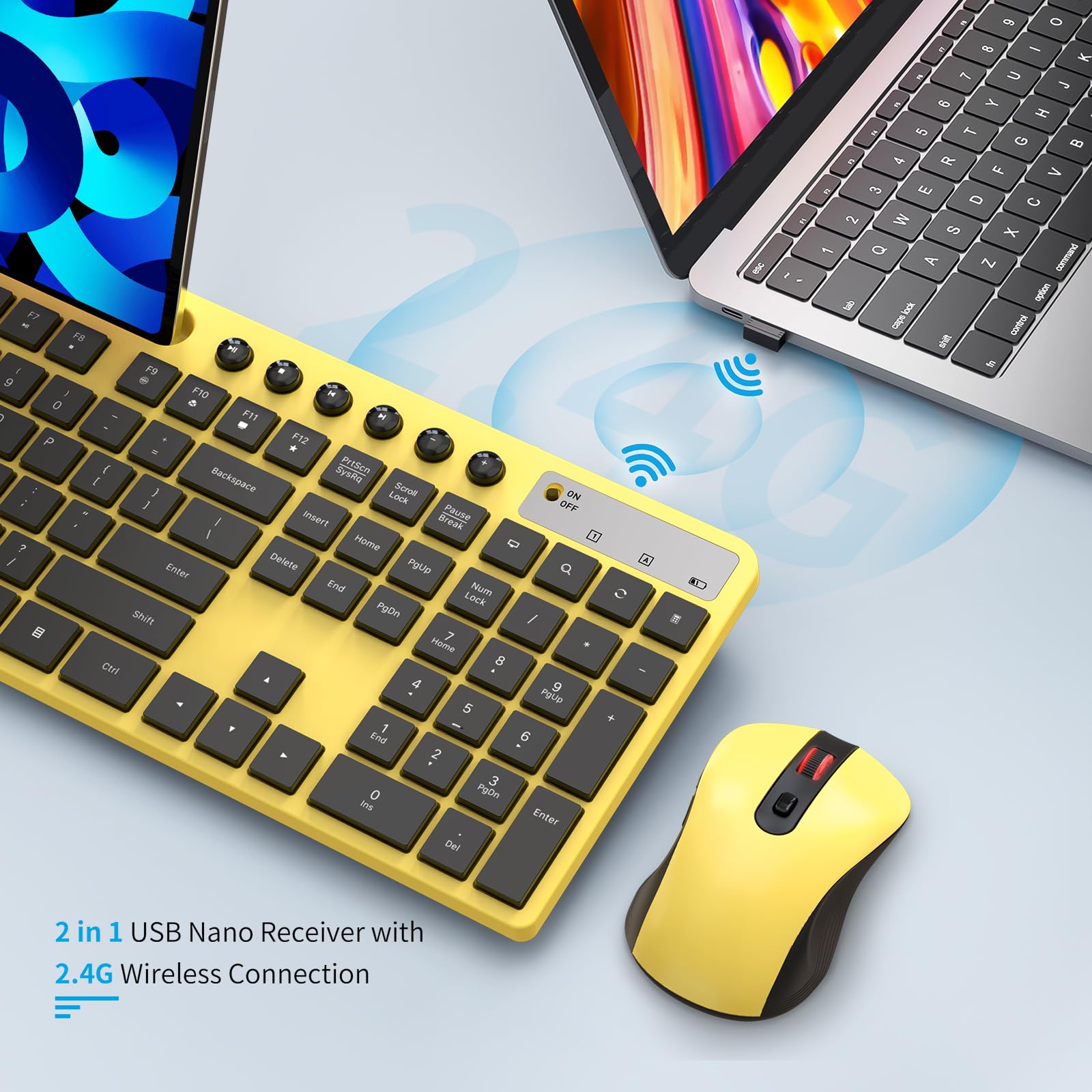 Wireless Keyboard And Mouse Combo, Marvo 2.4G Ergonomic Wireless Computer Keyboard With Phone Tablet Holder, Silent Mouse With 6 Button, Compatible With Macbook, Windows (Yellow)