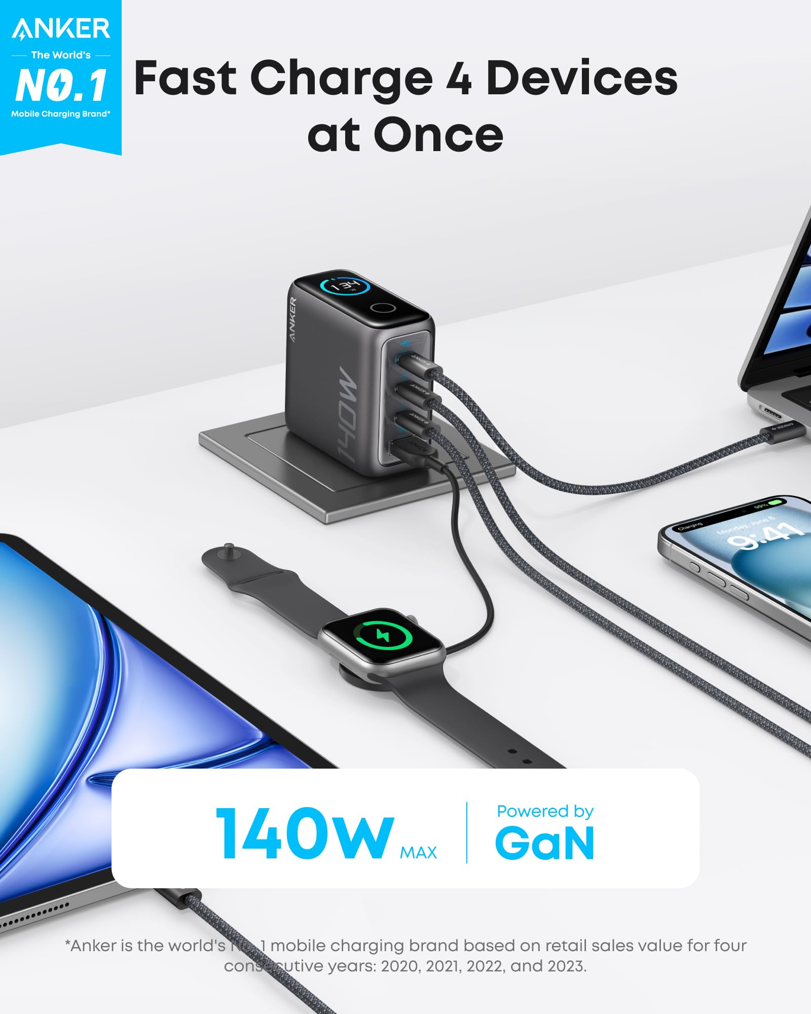 Anker Laptop Charger, 140W Usb C Charger, 4 Port Multi Device Fast Charging, Advanced Gan Power Adapter, Intuitive Touch Control