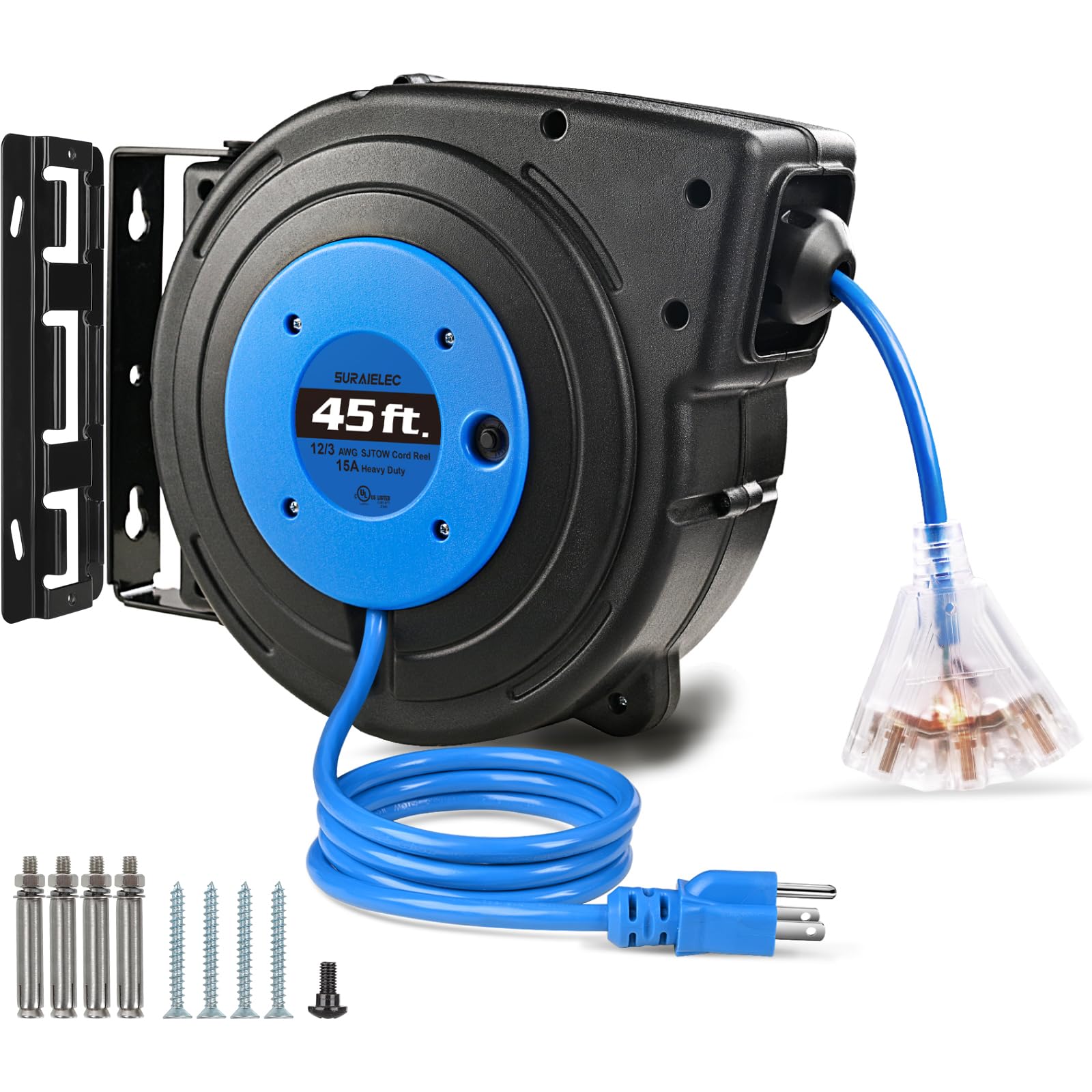 Suraielec 12 Gauge Retractable Extension Cord Reel, 45 Ft 12 Awg/3C Sjtow Heavy Duty Power Cord, 3 Outlets Triple Tap, 15 Amp Ci