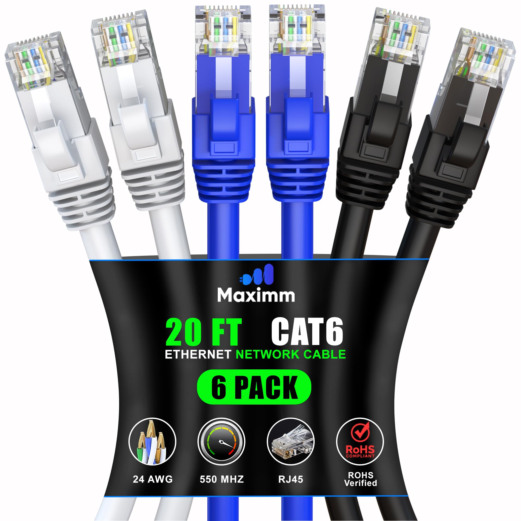 Maximm Cat 6 Ethernet Cable 20 Ft (6 Pack)   High Speed Lan Cable, Internet Cable, Patch Cable, And Network Cable   Utp, 10Gbps, 550Mhz Ethernet Cord   Tricolor