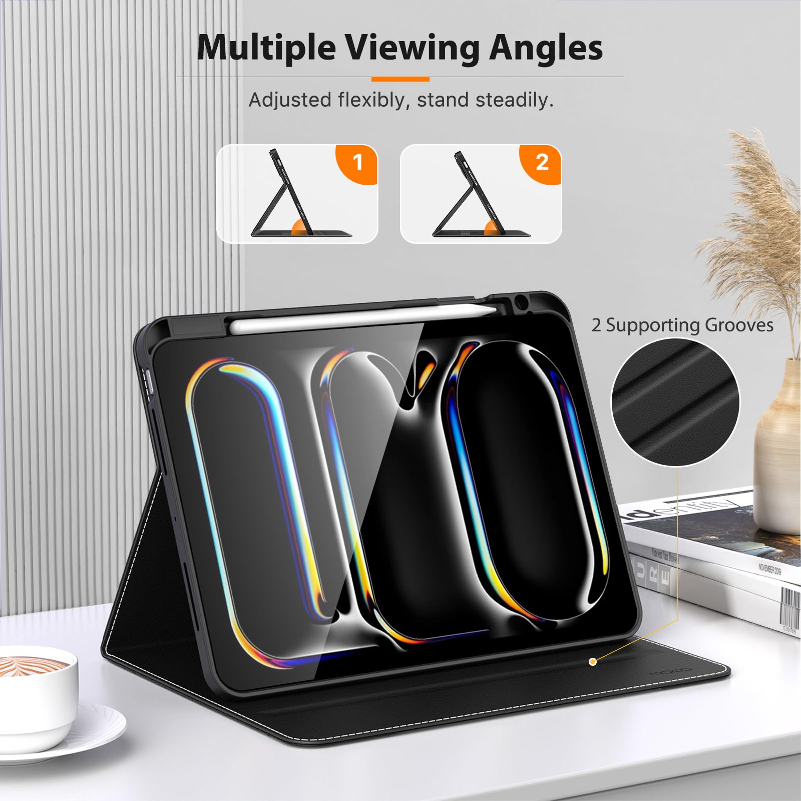 MoKo Case for iPad Pro 11 Inch M4 2024 (5th Generation) with Pencil Holder & Pocket, Built in Hand Strap, Multi Angle Viewing, Premium PU Leather Folio Cover for iPad Pro 11 2024, Black