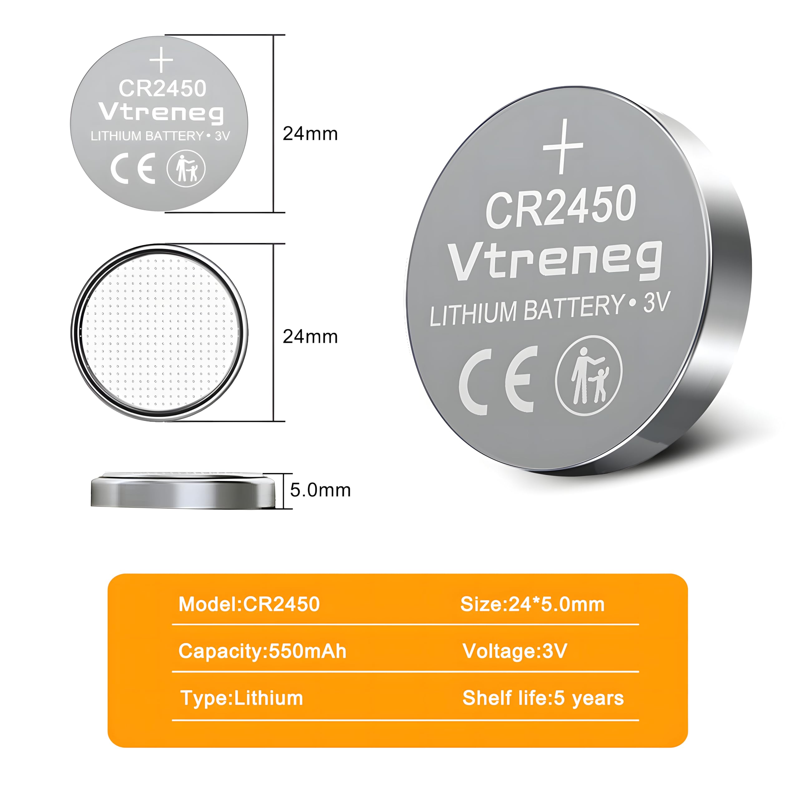 Vtreneg Cr2450 Battery 5 Pack, High Capacity Cr2450 3V Lithium Coin Cell Battery, Child Safety Package, Compatible With Key Fob,