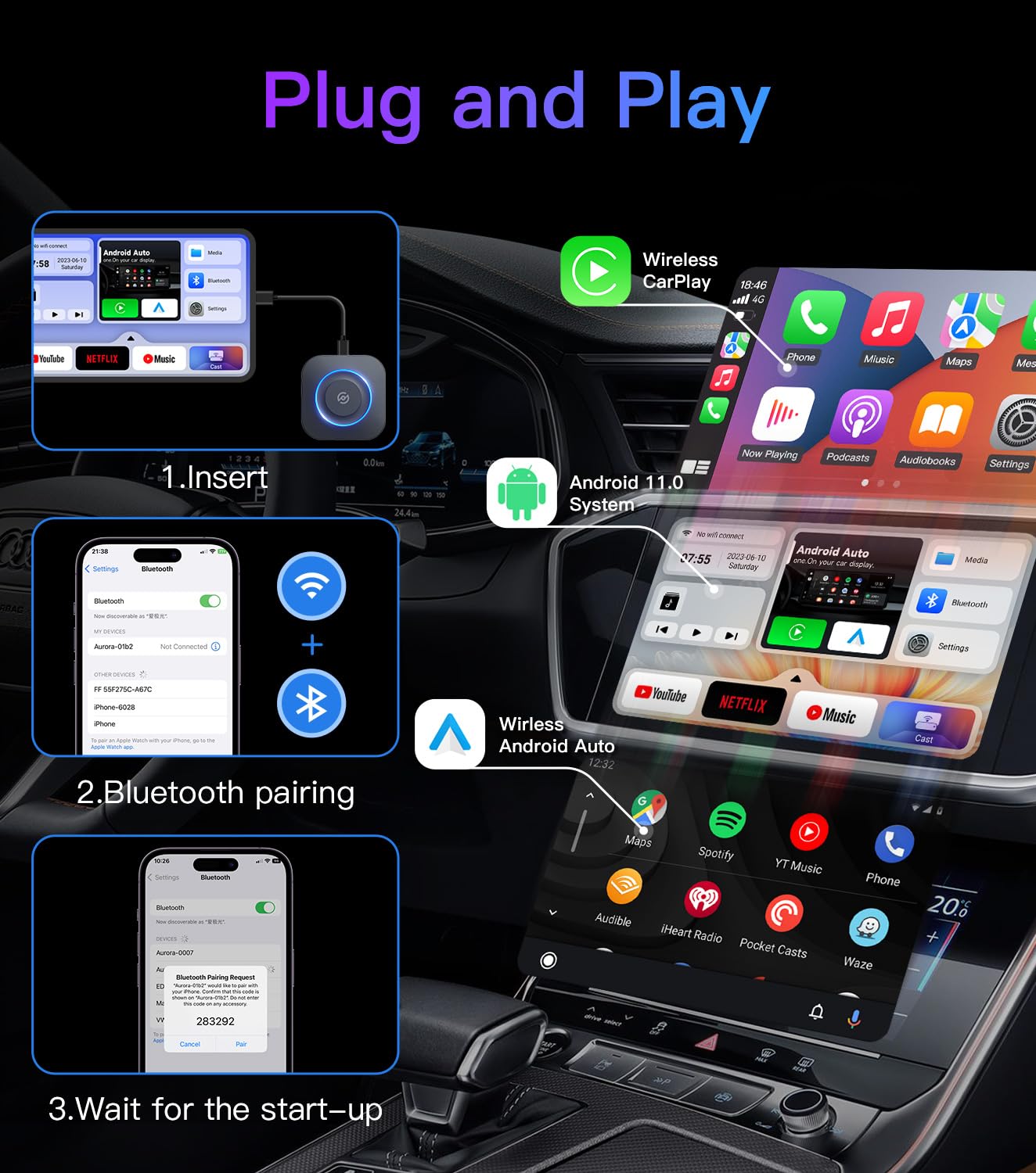 Wireless Carplay/Android Auto Adapter, Magic Box Supports Netfiix/Youtube/Tiktok/Disney+, Apple Carplay/Android Auto Wireless Ad