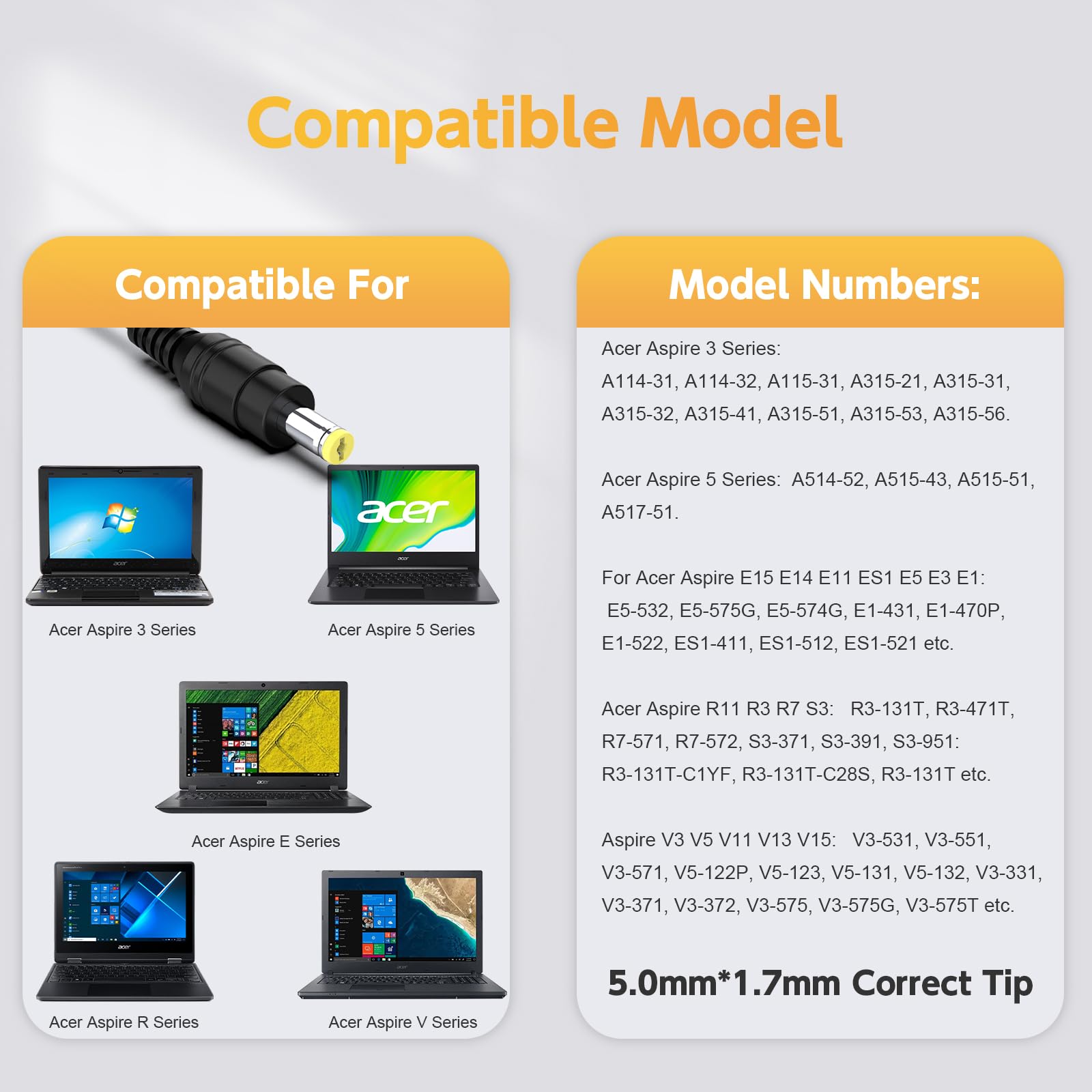 65W Laptop Charger For Acer Aspire 5 A515 43, A515 51, A514 52; A515 43 R19L, A515 43 R5Re, A515 51 58Hd, A515 51G 84Sn, A515 52 78Md, A515 51G 53V6, A515 53K Power Cord Supply