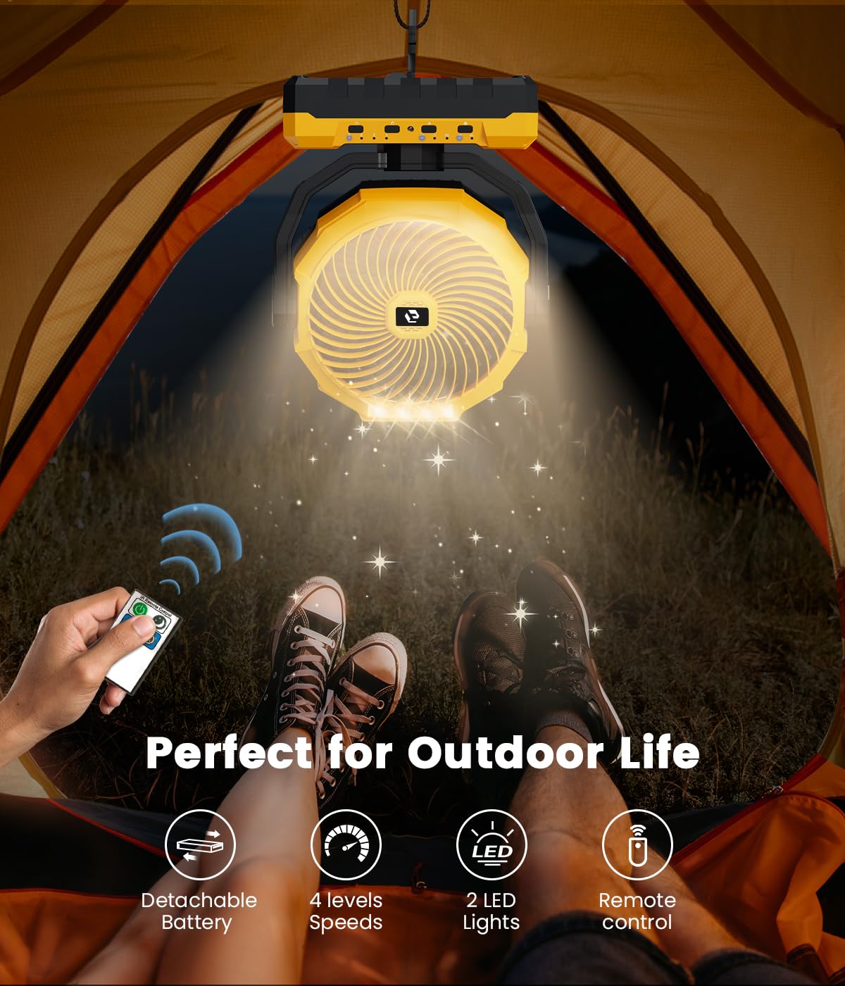 36000Mah Portable Camping Fan - 150Hrs Rechargeable Fan With Detachable Battery With Led & Remote - 4 Speeds Battery Powered For