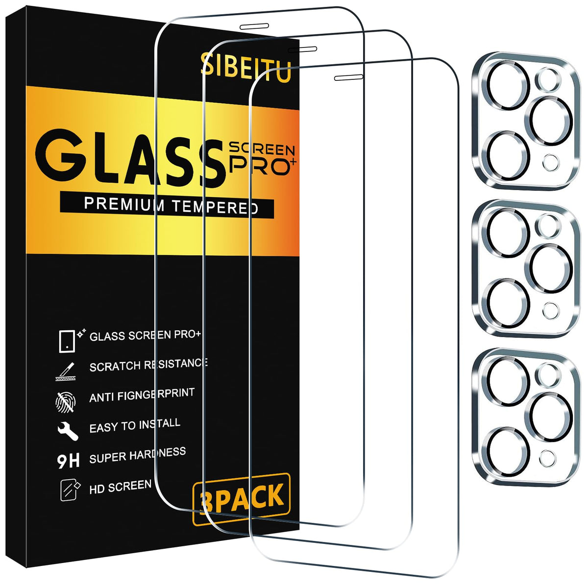 Sibeitu 3 Pack Screen Protector For Iphone 11 Pro Max With 3 Pack Tempered Glass Camera Lens Protector, 6.5 Inch Hd Clear 9H Har